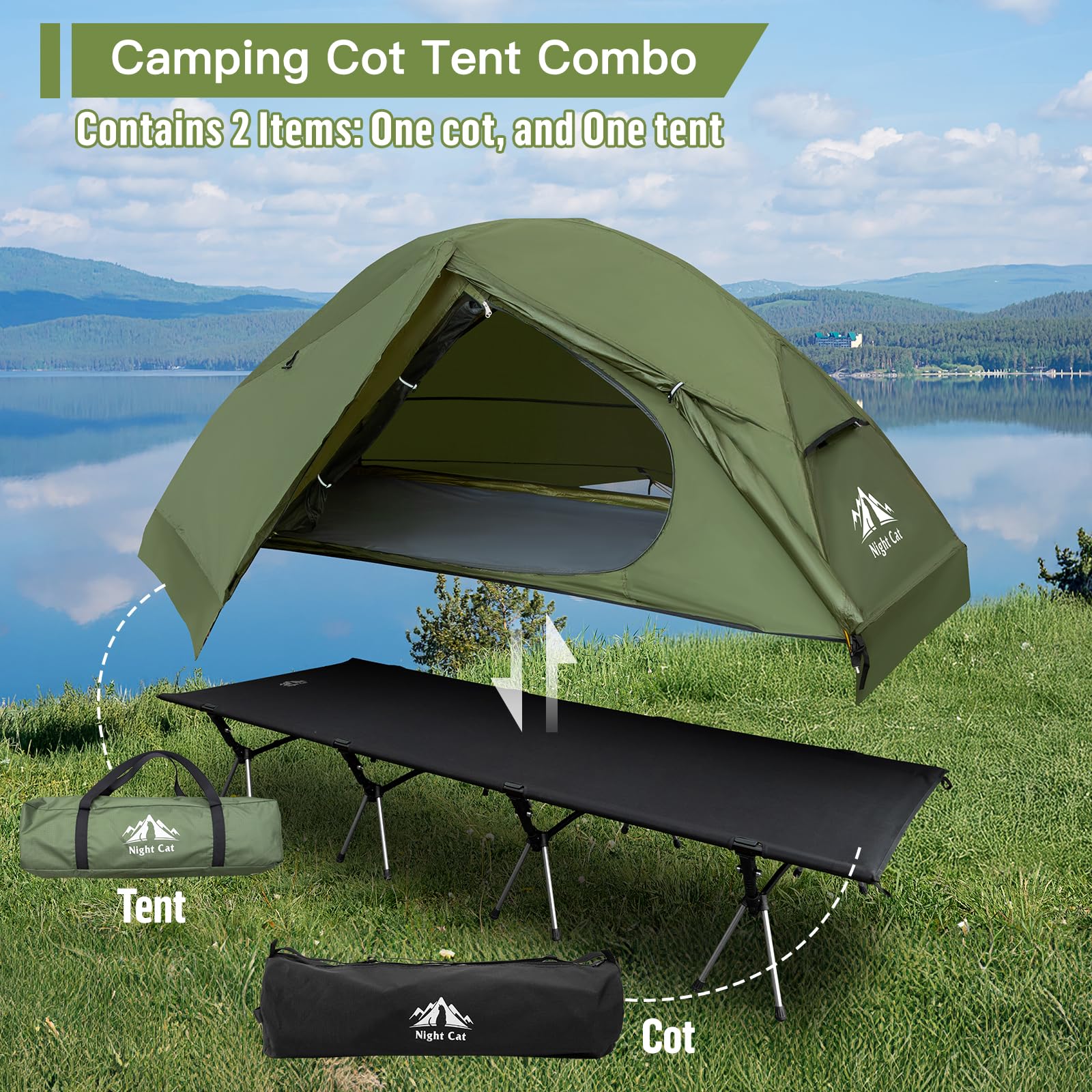 Night Cat Camping Cot Tent - Waterproof 1-Person Off-Ground Combo Cot Bed For Adults Portable Easy Set-Up Tent