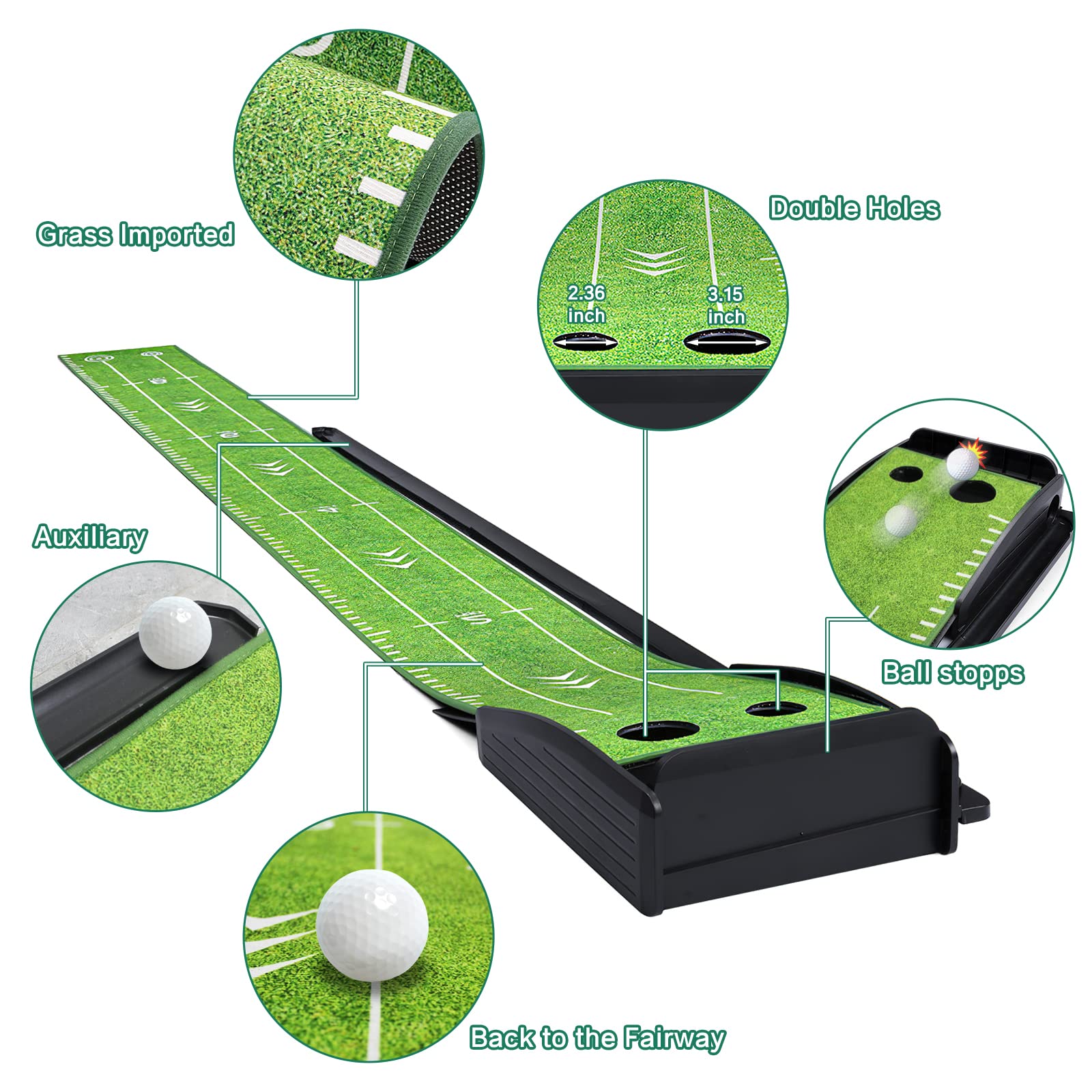 Losbenco Golf Putting Green Mat With Putter And 6 Golf Balls, Golf Putting Practice Mat Equipment With Auto Ball Return System F