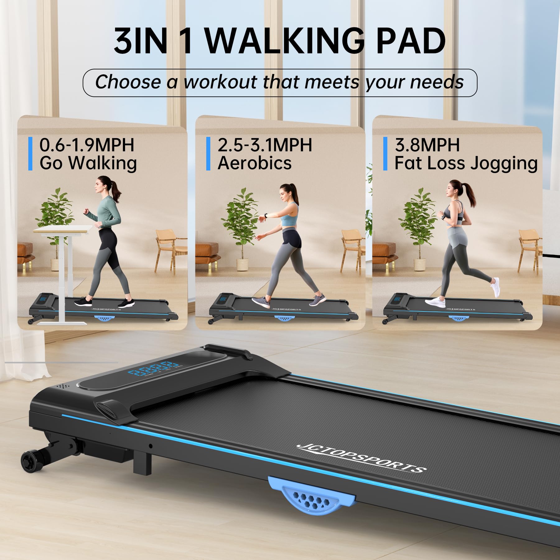 Modida 2-In-1 Under Desk Treadmill, Foldable Walking Pad For Home Office, Portable Electric Treadmill With Remote Control & Led