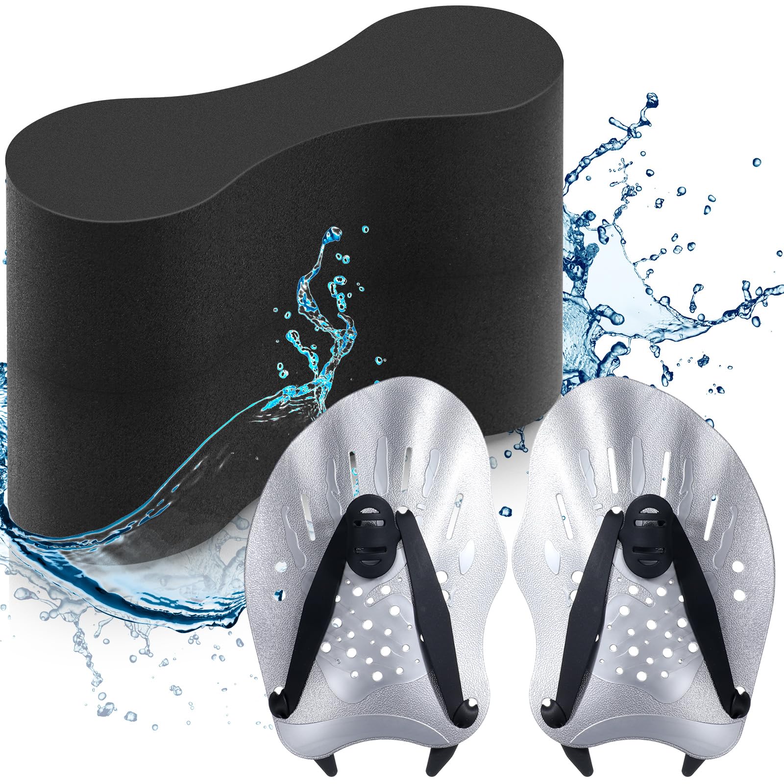 Motionchic 3 Pcs Swim Training Pull Buoy Hand Paddles Set Include 1 Buoy 2 Hand Paddles with Adjustable Straps Swim Training Equ