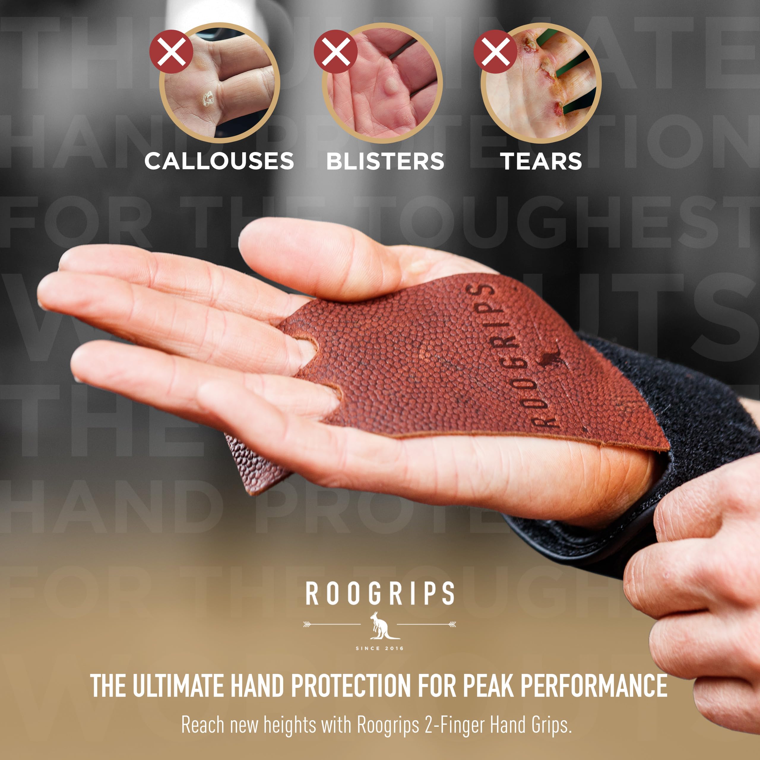 Roogrips Gym Hand Grips - 2-Finger Hand Grips For Weightlifting, Gymnastics & Gym/Home Workouts - Kangaroo Leather Hand Grips Fo