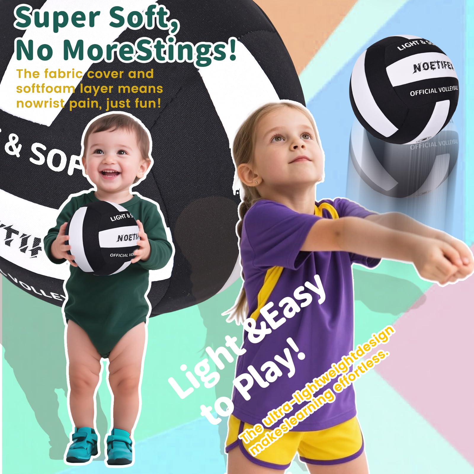 Noetifex Soft Volleyball-Super Soft Fabric Light Volleyball for Indoor Practice Safe and Quiet Kids Youth Beginners House Yard T