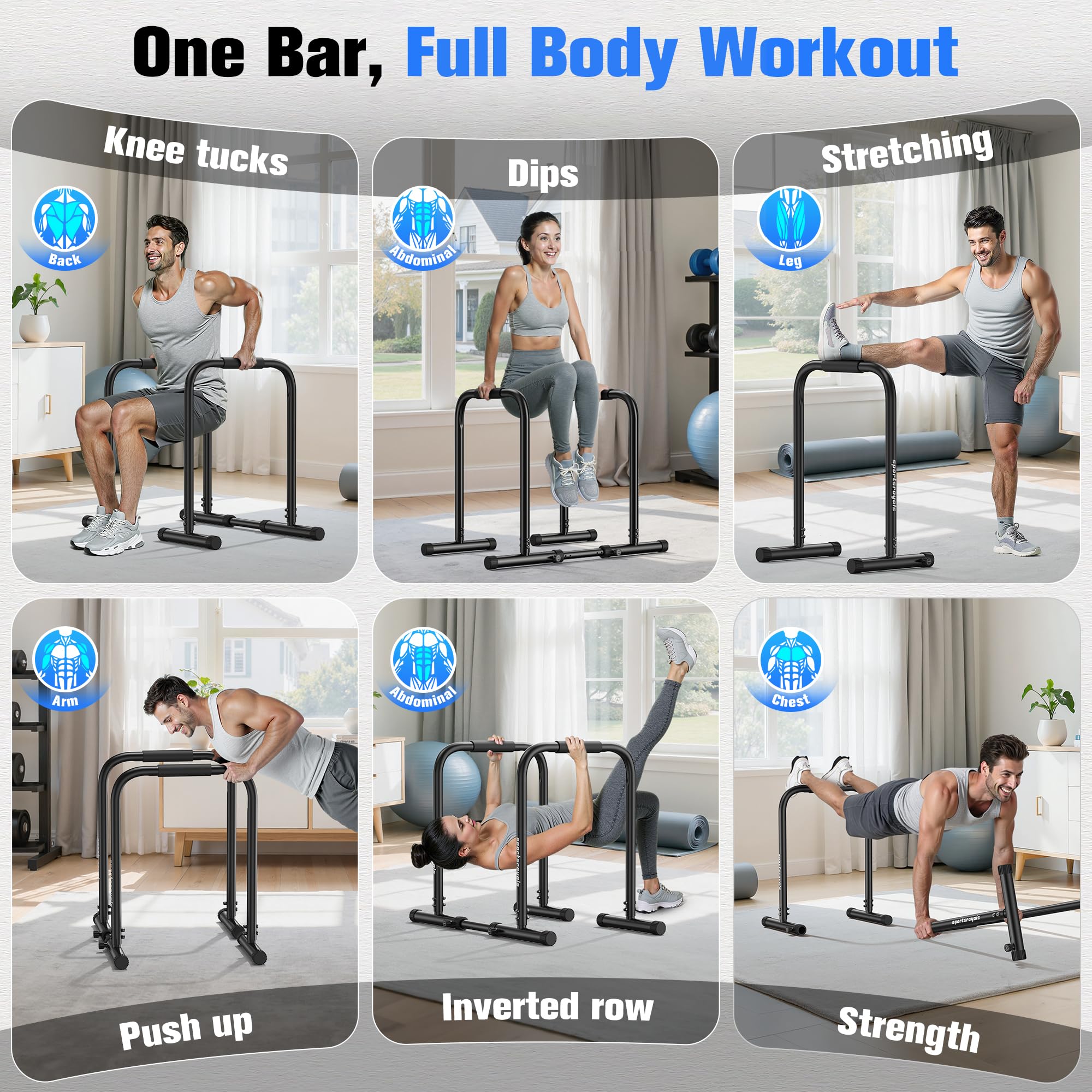 Sportsroyals Adjustable Dip Bar Station, Heavy Duty Parallette & Parallel Bars, 400LBS Stable Dip Stands for Home Gym, Calisthen