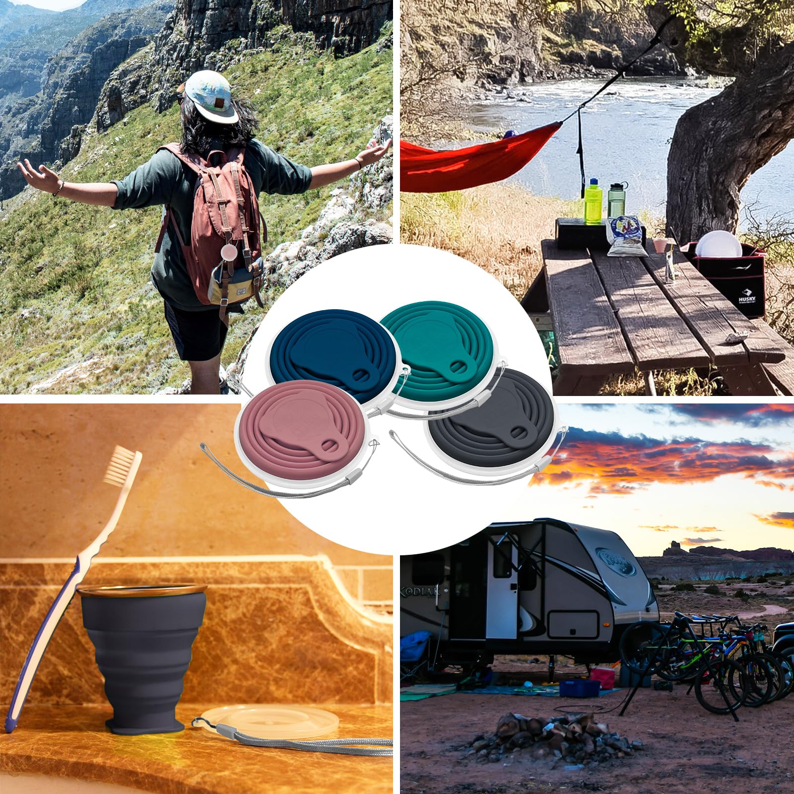 Litoexpe 4 Pack Silicone Collapsible Travel Cup Portable Folding Camping Cup Sets With Lids, Dark Gray & Pink & Navy Blue &Teal,
