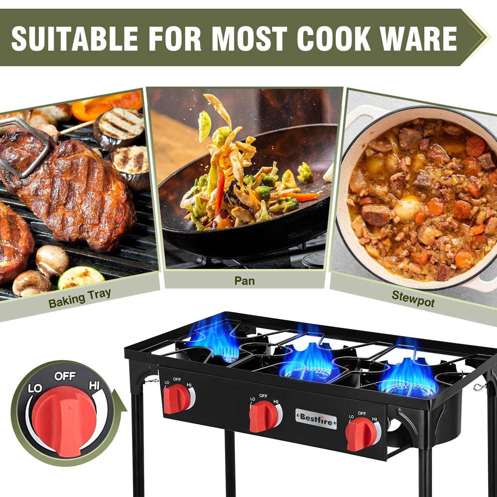 Bestfire 3 Burners Camping Stove For Cooking Outdoor, 225,000 Btu Propane Burners With Ignition Wire&Removable Legs, Temperature