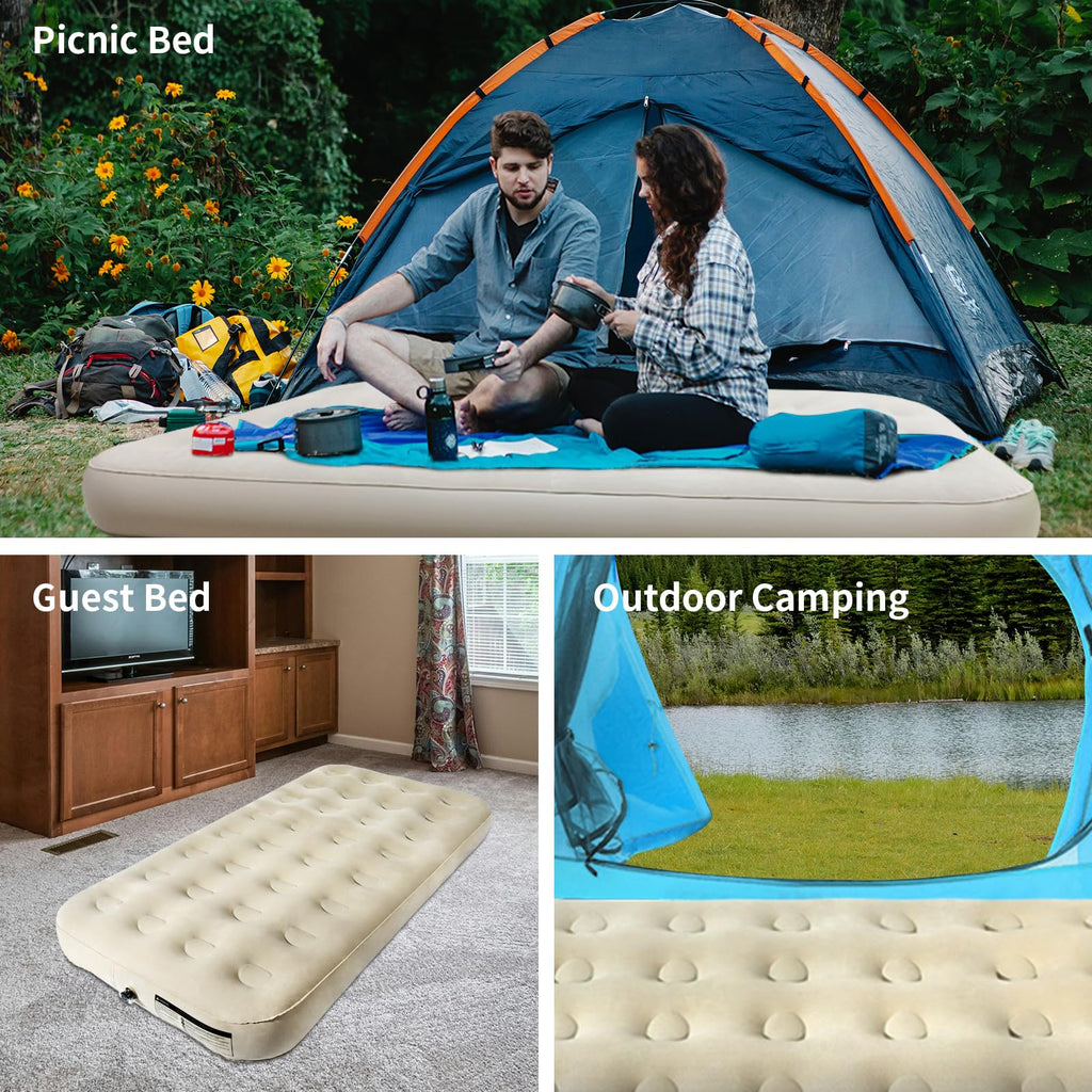 Miyuexin Twin Air Mattress With Fast Inflating Pump, Blow Up Mattress Of Wave Flocked Top, Durable Air Bed For Home, Camping & G