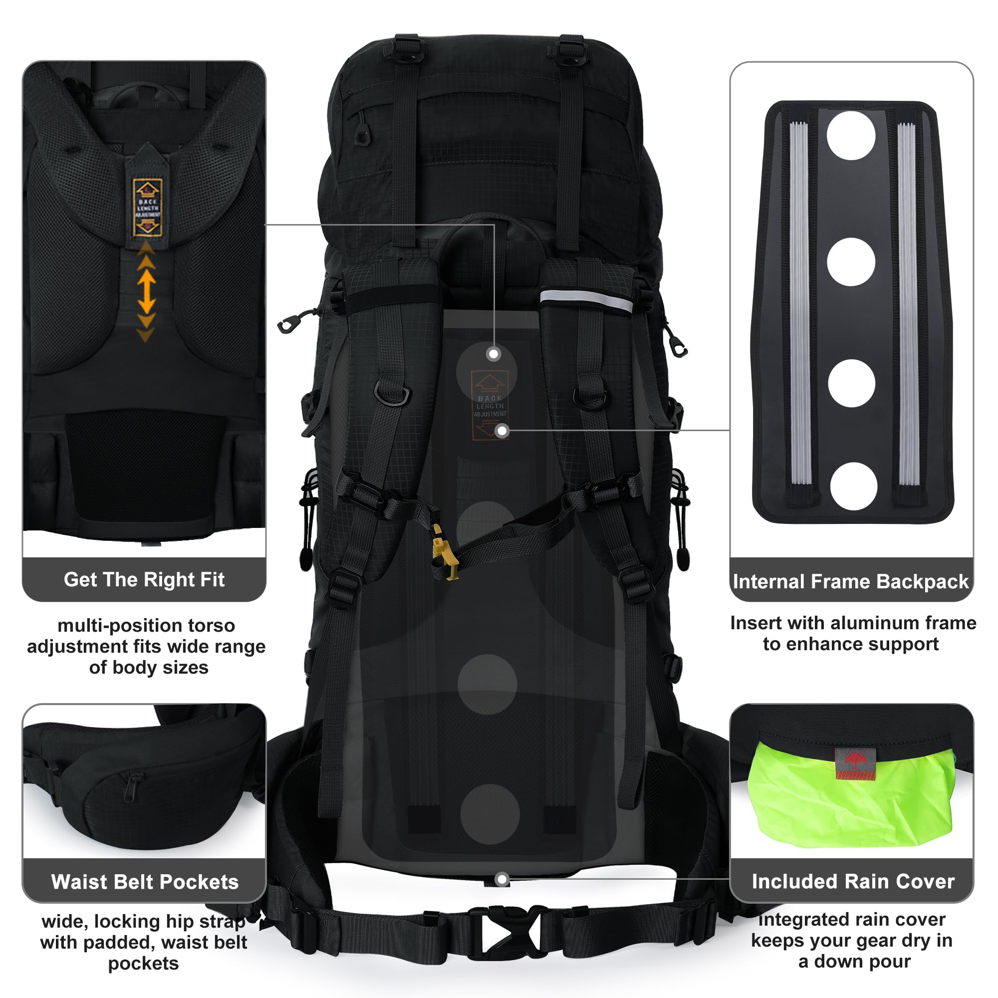 N Nevo Rhino Internal Frame Hiking Backpack 50/60/65/70/80L, Mountain Climbing Camping Backpack Daypack Waterproof Rain Cover