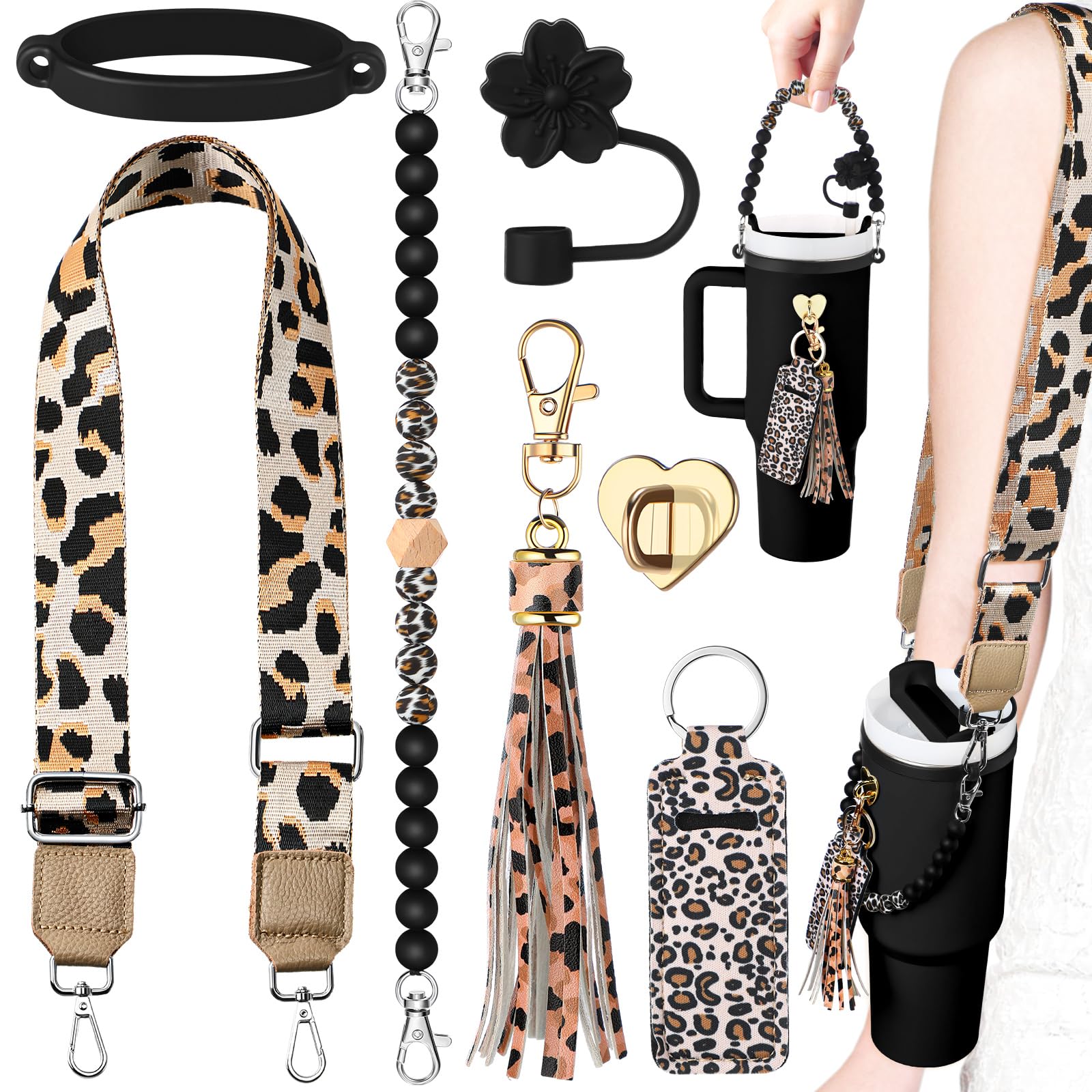 Skylety 7 Pcs Leopard Silicone Cup Accessory Set Compatible with Stanley Cup Leopard Beaded Bottle Strap Carrying Strap Lipstick