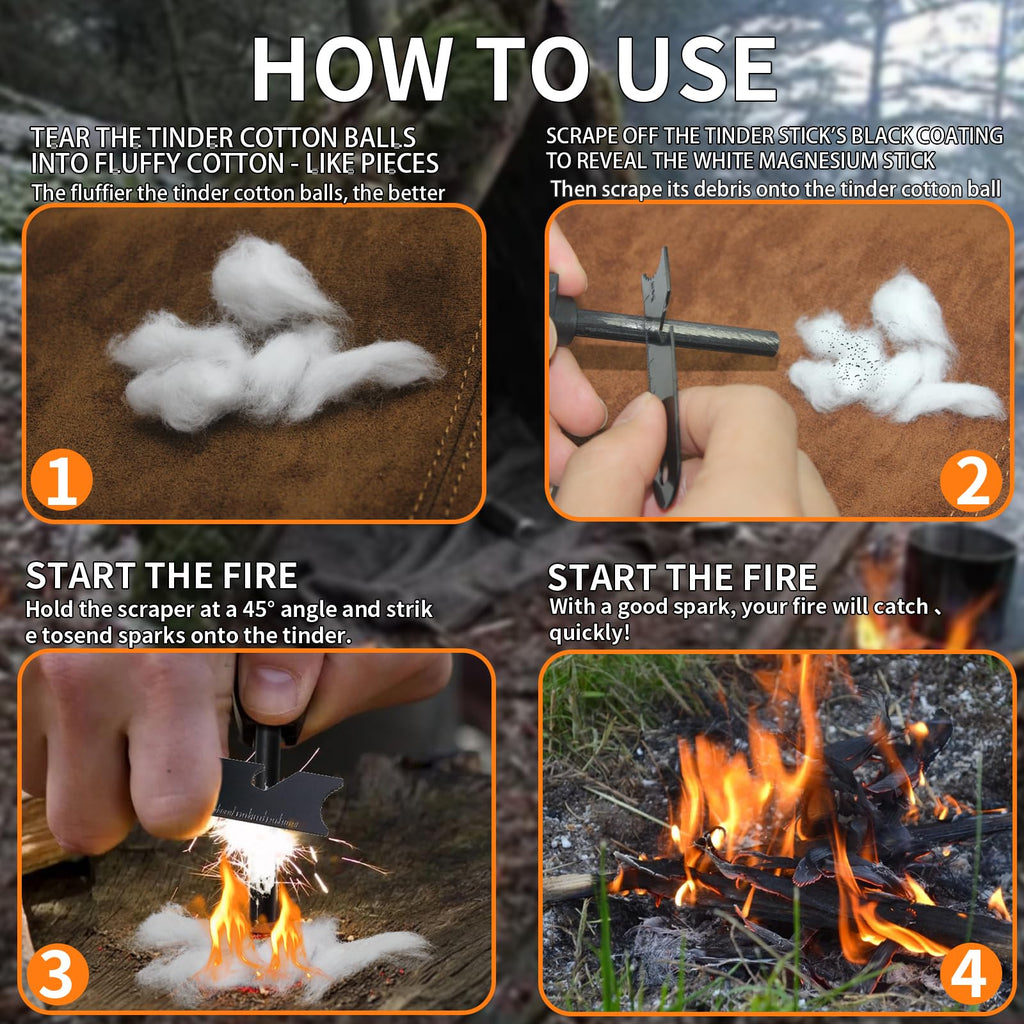 Hopkase 2Pcs Magnesium Fire Starter With Striker, High Temp Magnesium Rod, Ferro Rod Fire Starter Survival Tool With 20Pack Wate