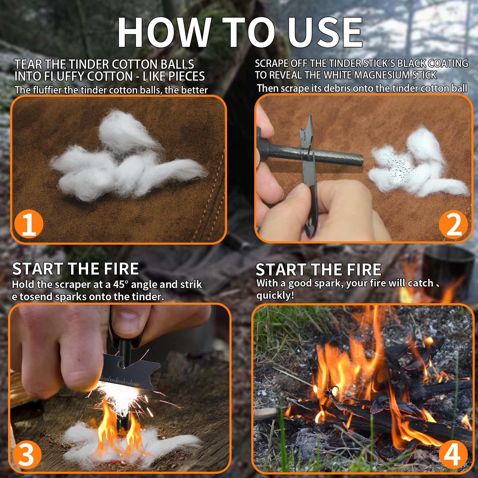 Hopkase 2Pcs Magnesium Fire Starter With Striker, High Temp Magnesium Rod, Ferro Rod Fire Starter Survival Tool With 20Pack Wate