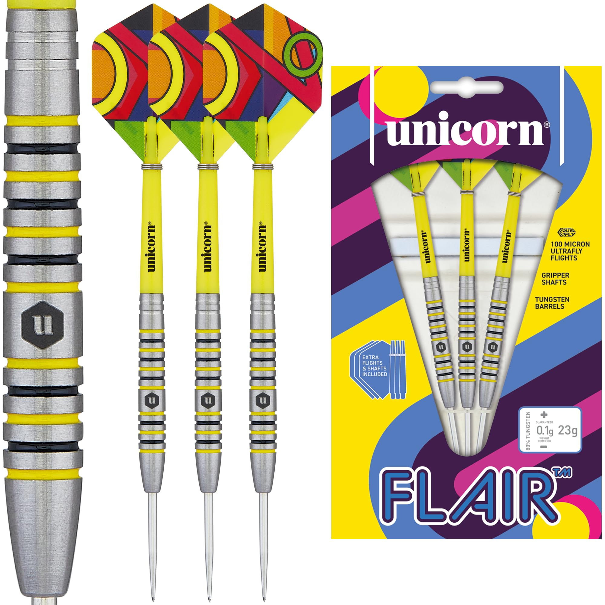 Unicorn Professional Darts Set | Flair 4 | 80% Natural Tungsten Barrels with Black & Yellow Accents & Laser Etched U Logo Hallma