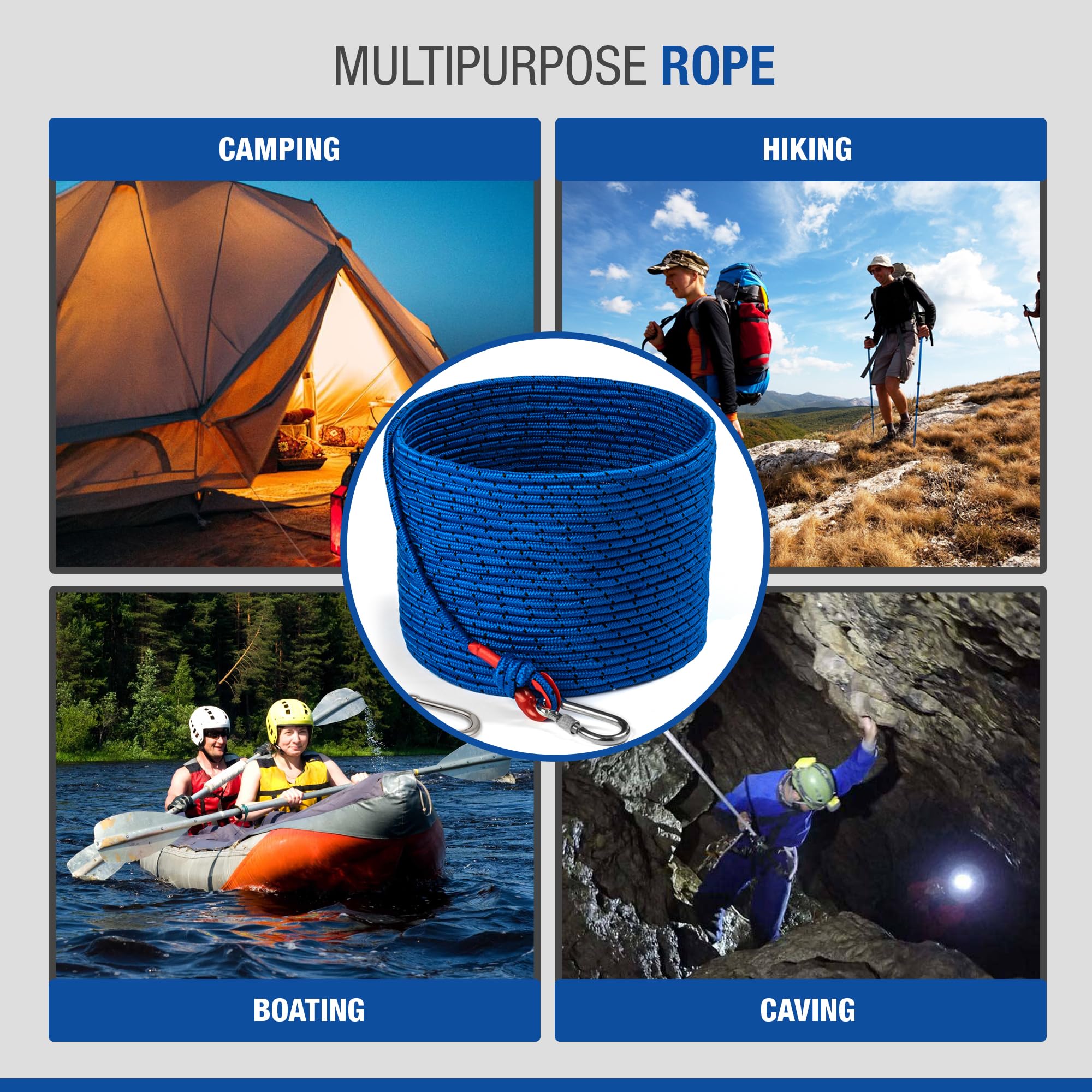 Loreso Strong Magnet Fishing Rope Carabiner, Camping Rope - Heavy Duty 1200 Lb Strength All Purpose Ropes, 1/3 Inch Reinforced P