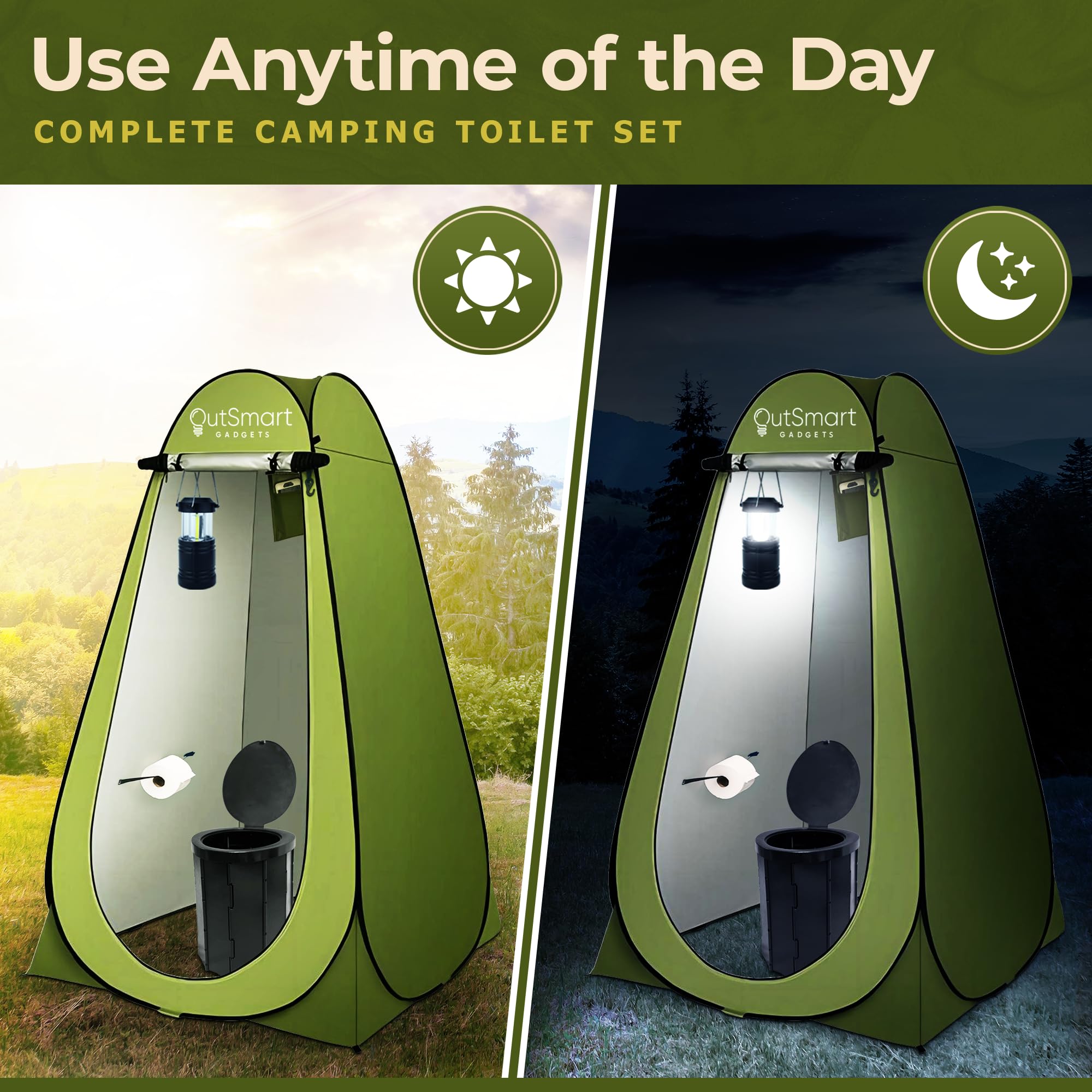 Outsmart Gadgets Portable Toilet Kit For Adults With Camping Night Lantern, Folding Xl Toilet Seat, Pop Up Privacy Tent And Carr