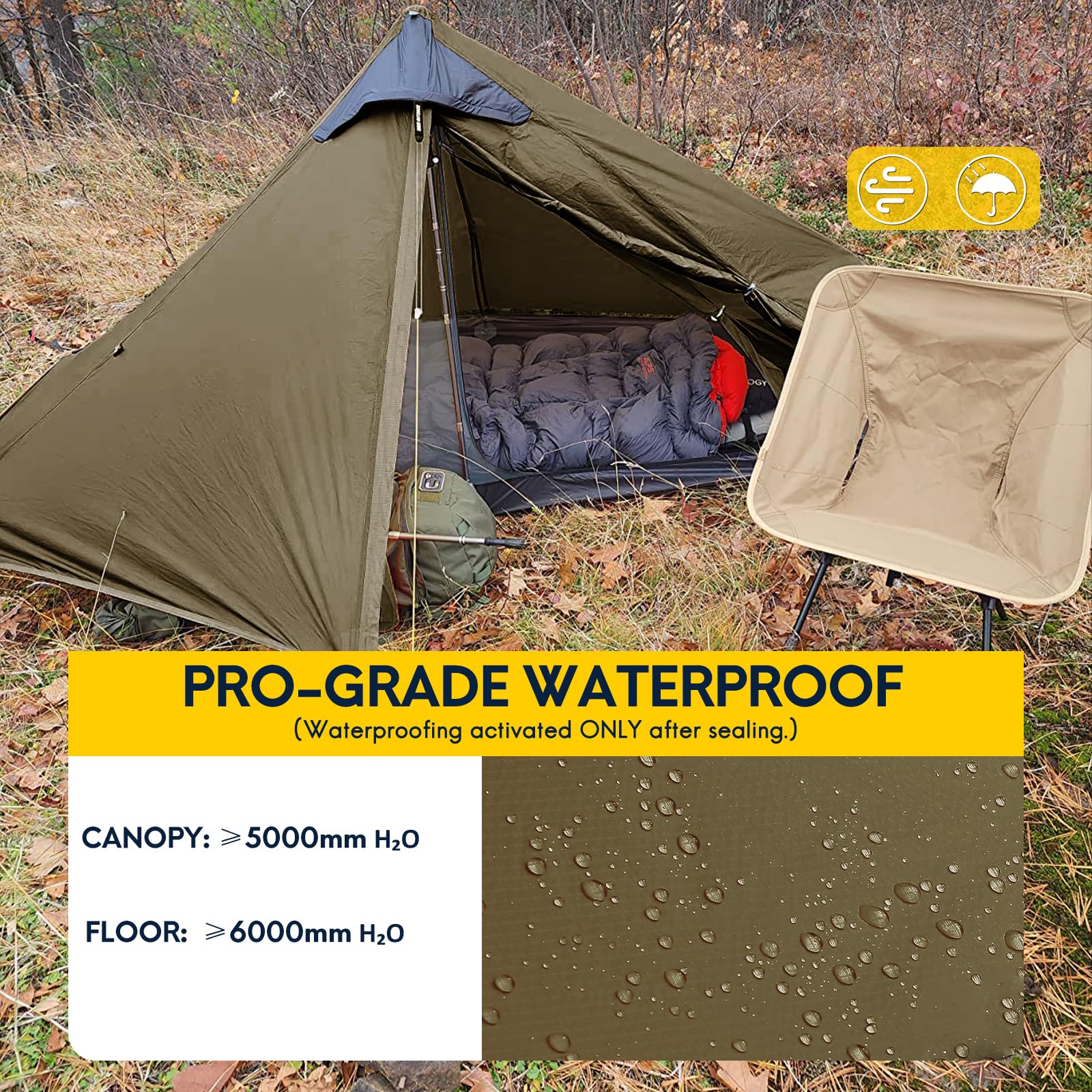 Lanshan Ultralight Tent 3-Season Waterproof Backpacking Tent For 1-Person Camping, Trekking, Climbing, Hiking, 1 Person, Khaki
