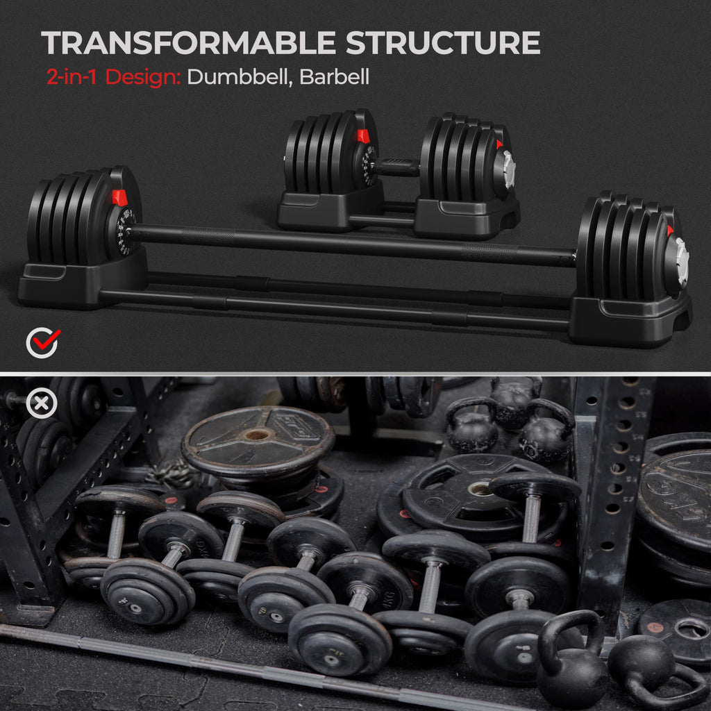 Yaheetech Adjustable Dumbbell Set 90lbs Fast Adjust Dumbbells 2 in 1 Dumbbell Weight Set Free Weight Set Used as Barbell, with T