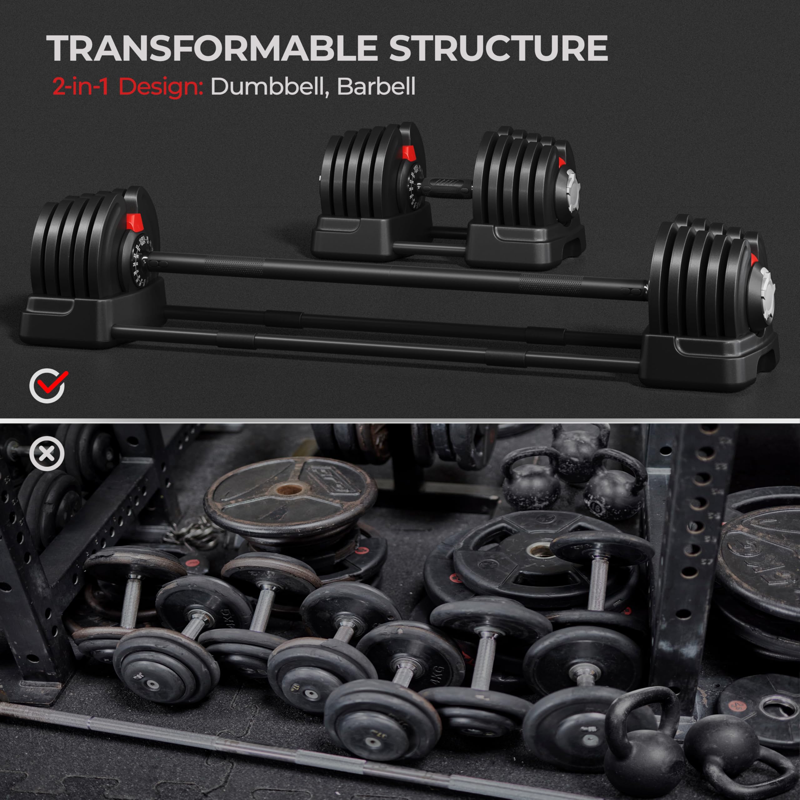 Yaheetech Adjustable Dumbbell Set 90lbs Fast Adjust Dumbbells 2 in 1 Dumbbell Weight Set Free Weight Set Used as Barbell, with T