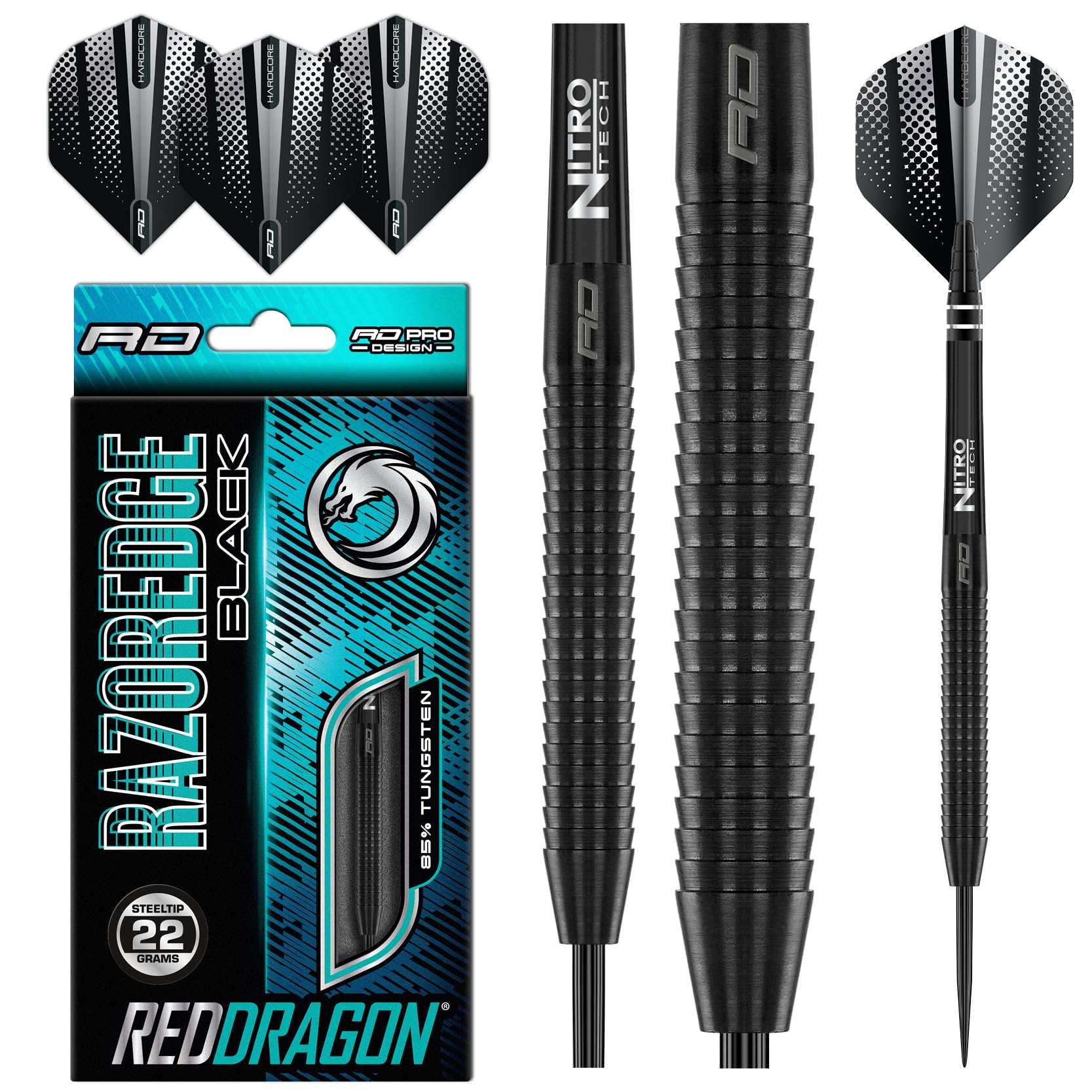 Red Dragon Razor Edge Black 24G Tungsten Darts With Flights And Stems