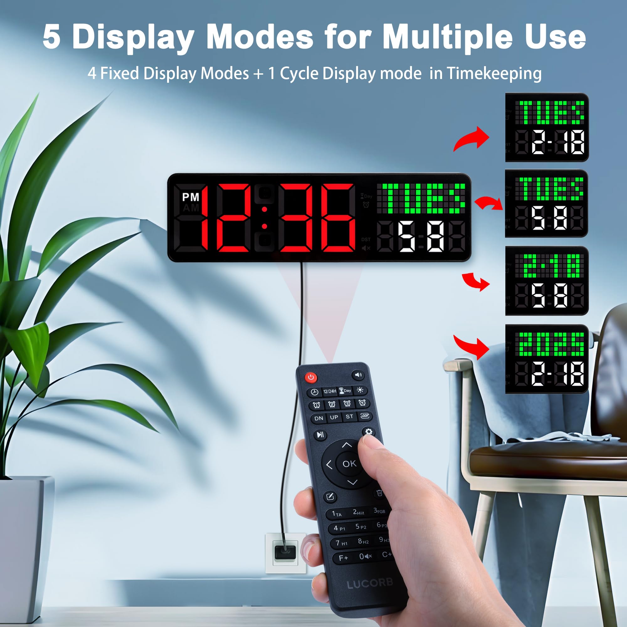 Lucorb Gym Clock Timer, Workout Clock With Seconds | 5 Display Modes, 4 Alarms | Remote Control Countdown Timer Wall For Home Gy
