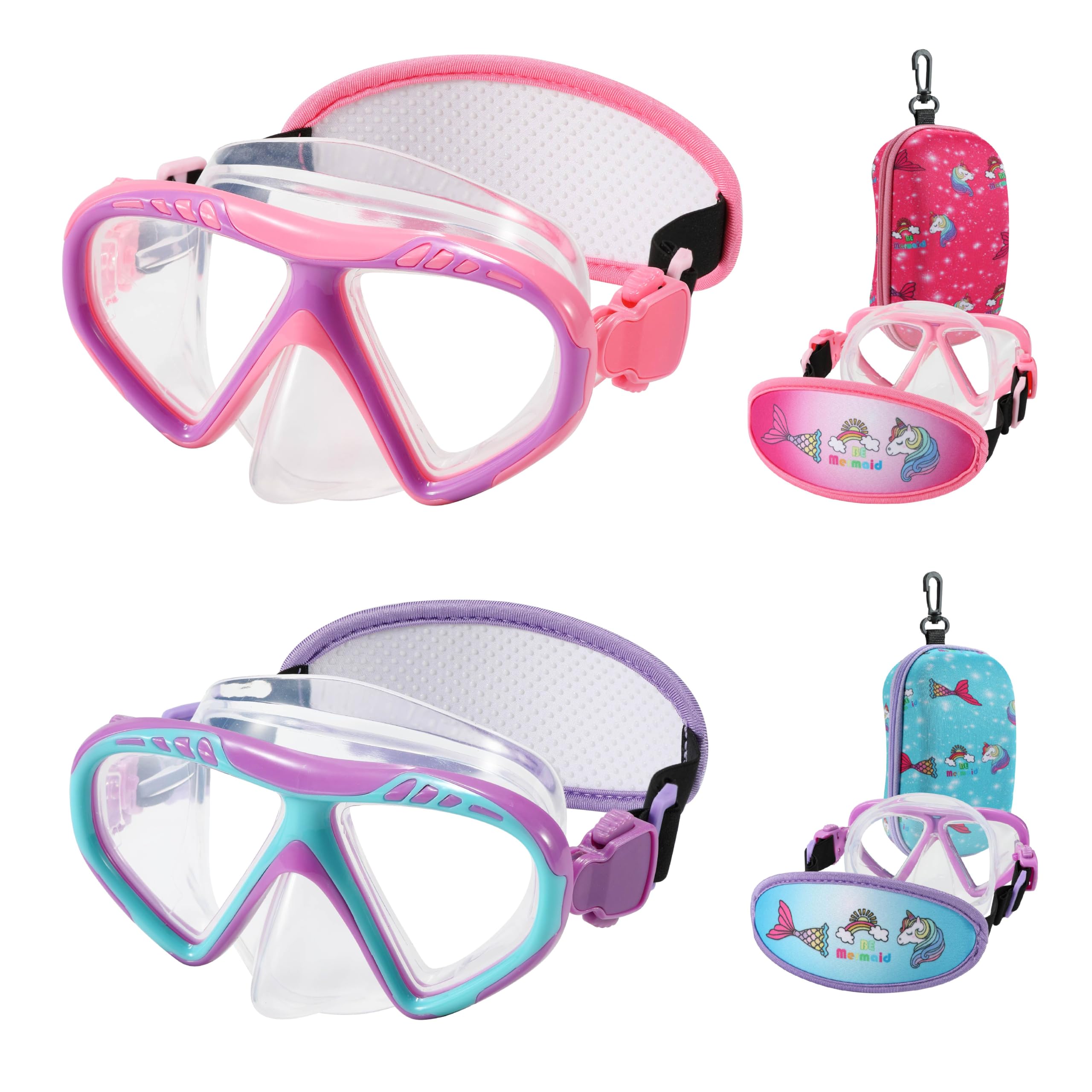 Toddler Swim Goggles Nose Cover,Kids Goggles No Hair Pull,Anti Fog Children Swimming Mask (2PK - Pink & Purple Mermaid)