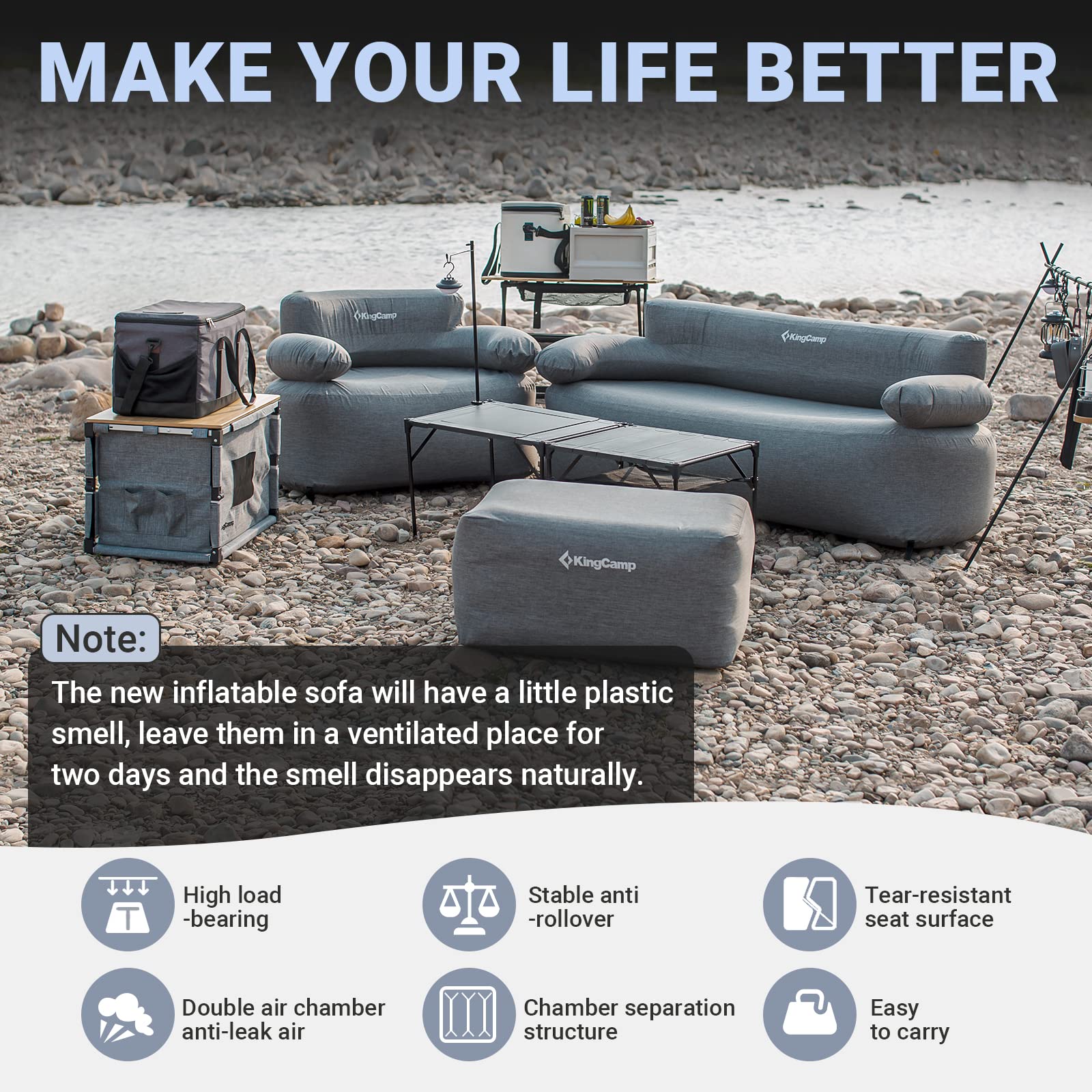 Kingcamp Double Inflatable Couch For Camping, Portable Foldable Eco-Friendly Reach-Certified Pvc Liner Air Lounger 2-Person Blow