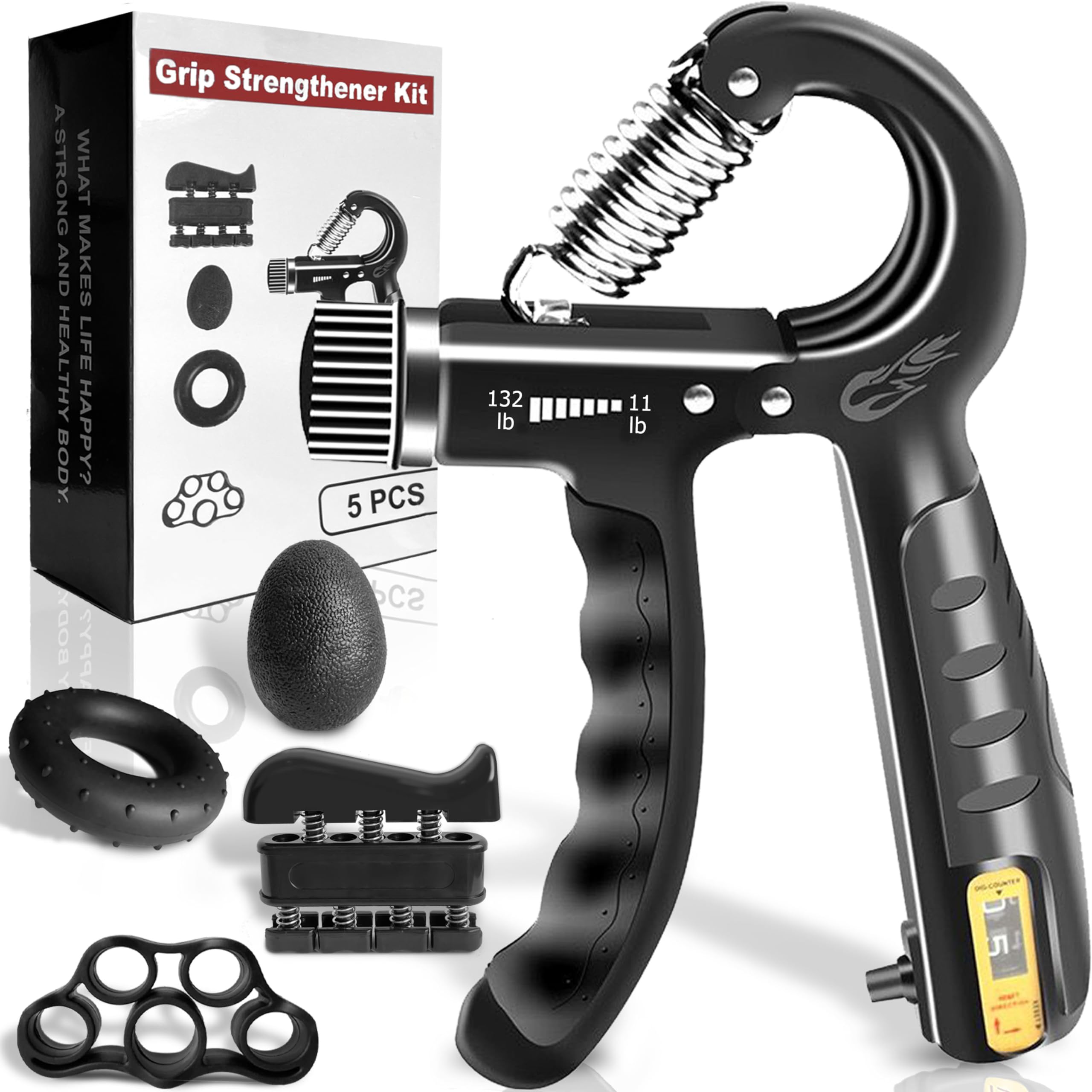 Flyfe Grip Strength Trainer Kit (5 Pack), Forearm Strengthener, Hand Squeezer Adjustable Resistance, Finger Stretcher, Grip Ring