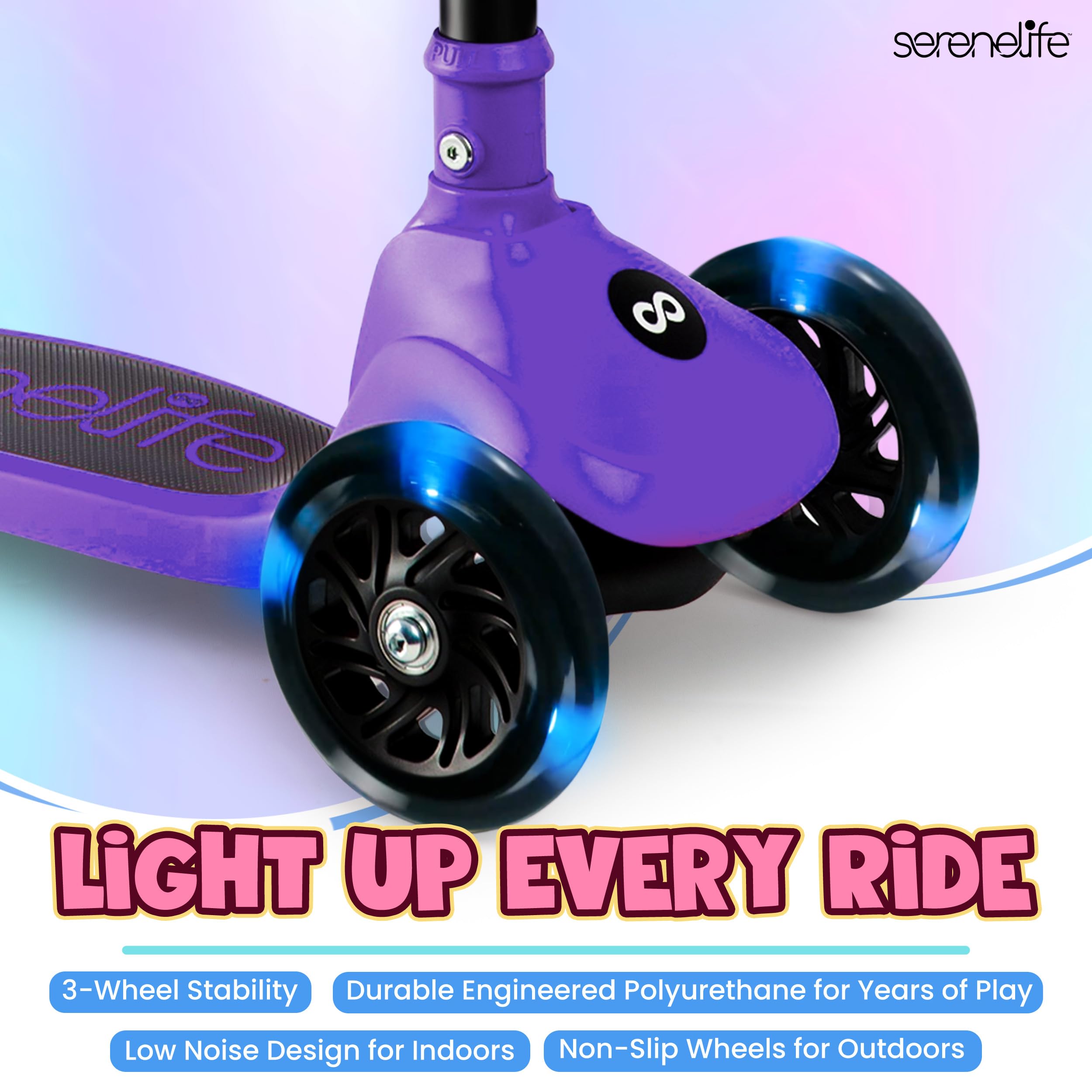 SereneLife 3 Wheel Scooter for Toddlers & Kids, Foldable Seat, LED Wheels, Adjustable Handlebar, Anti-Slip Deck, Rear Foot Brake