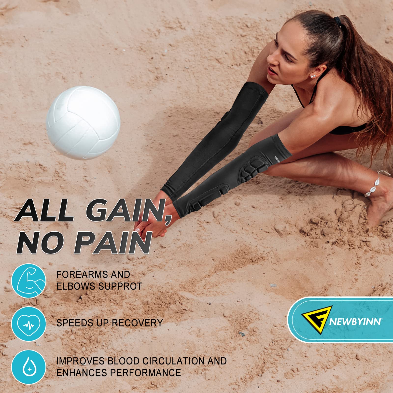 Newbyinn Padded Arm Sleeves 2 Pack, Elbow Forearm Crashproof Pads For Football Basketball Volleyball Soccer