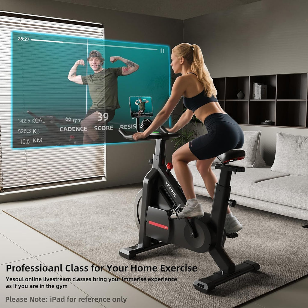 YESOUL Self-Powered Exercise Bike for Home Gym, Magnetic Resistance Indoor Cycling Bike with Cooling Fan, LED Light Feedback, Ap