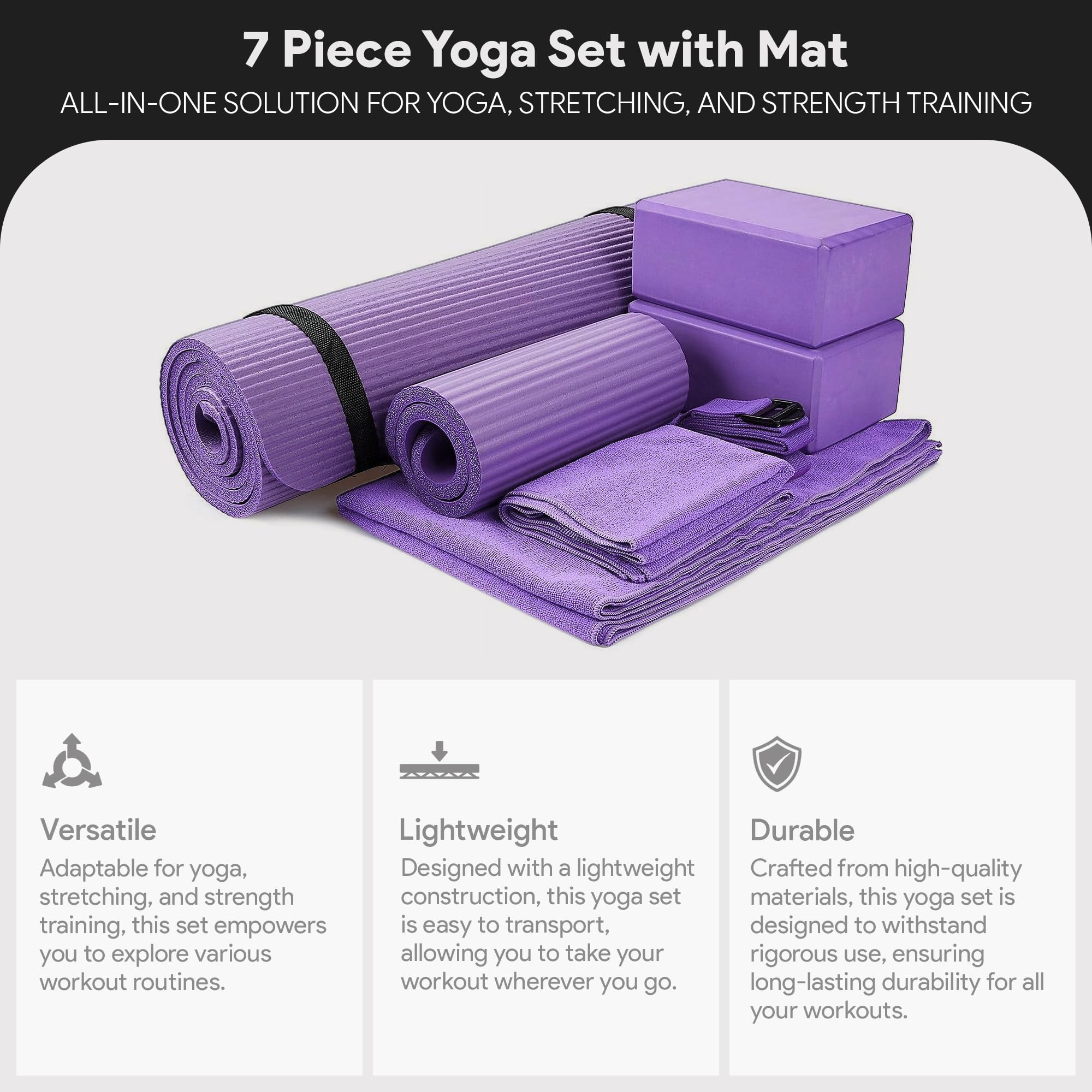 Balancefrom Goyoga 7-Piece Set - Include Yoga Mat With Carrying Strap, 2 Yoga Blocks, Hand Towel And Knee Pad (Purple, 1/2''-Thi