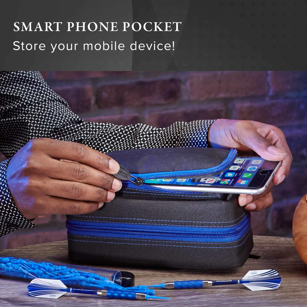 Casemaster By Gld Products Plazma Pro Dart Case/Wallet Black With Sapphire Zipper And Phone Pocket, Sapphire Trim