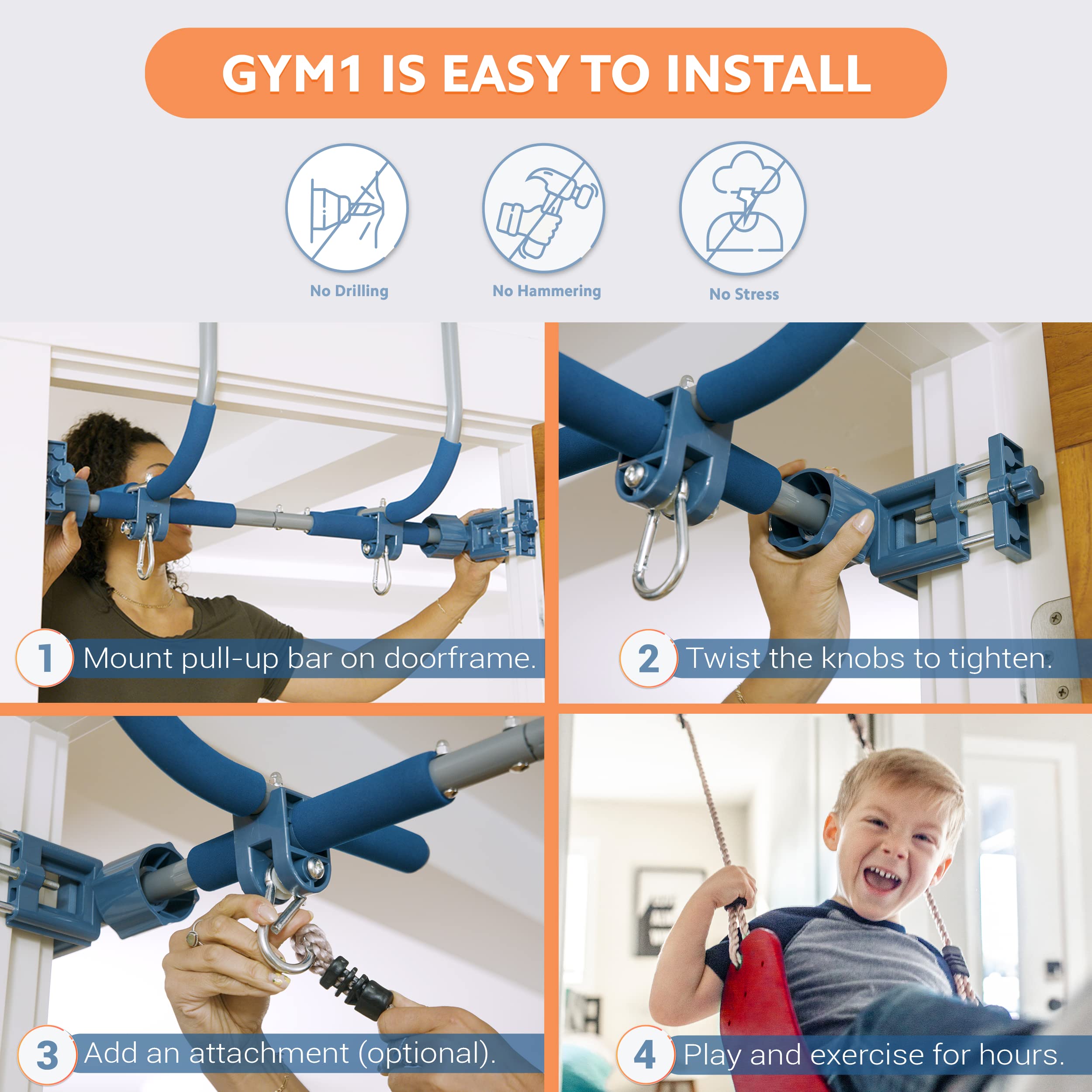 Gym 1 Deluxe Doorway Swing Set - All-In-One Indoor Gym And Playground For Kids And Adults - Two Attachments For Fun And Fitness
