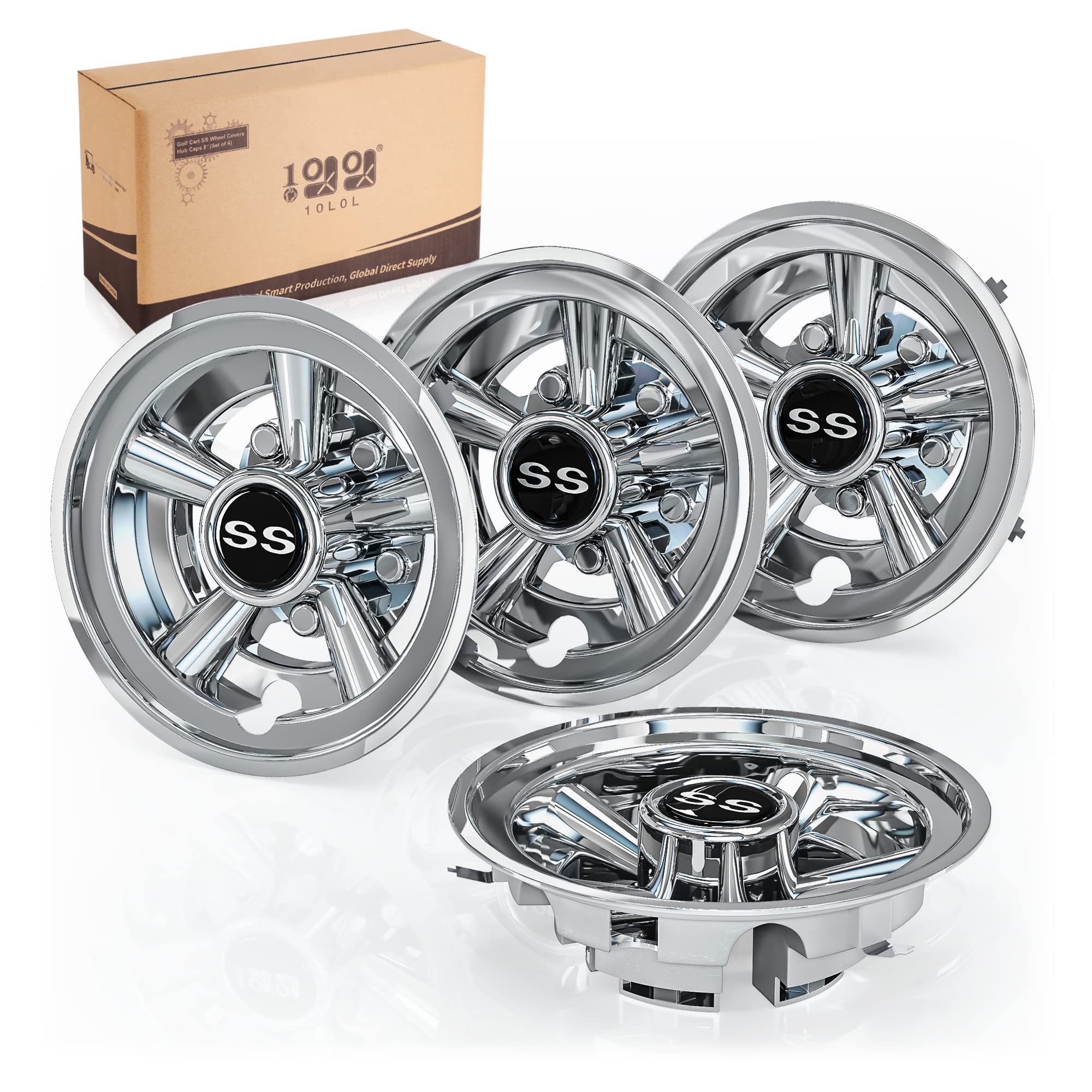 10L0L Golf Cart Ss Wheel Covers Hub Caps For Ezgo, Club Car, Yamaha - 8 Inch Snap-On Installation, Chrome, Set Of 4