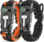 Paracord Survival Bracelets (Pair)  Flint & Steel Fire Starter, Whistle, Compass, Mini Saw  Adjustable Band Size For Camping, Bu