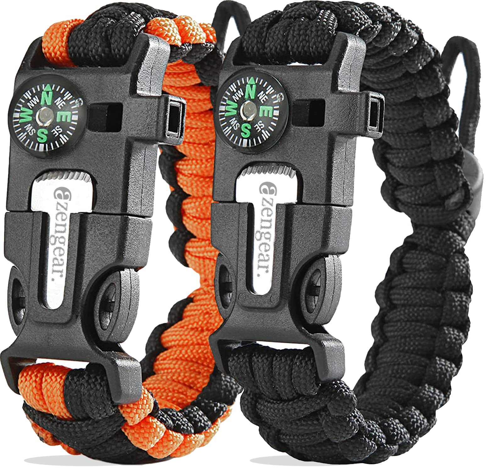 Paracord Survival Bracelets (Pair)  Flint & Steel Fire Starter, Whistle, Compass, Mini Saw  Adjustable Band Size For Camping, Bu