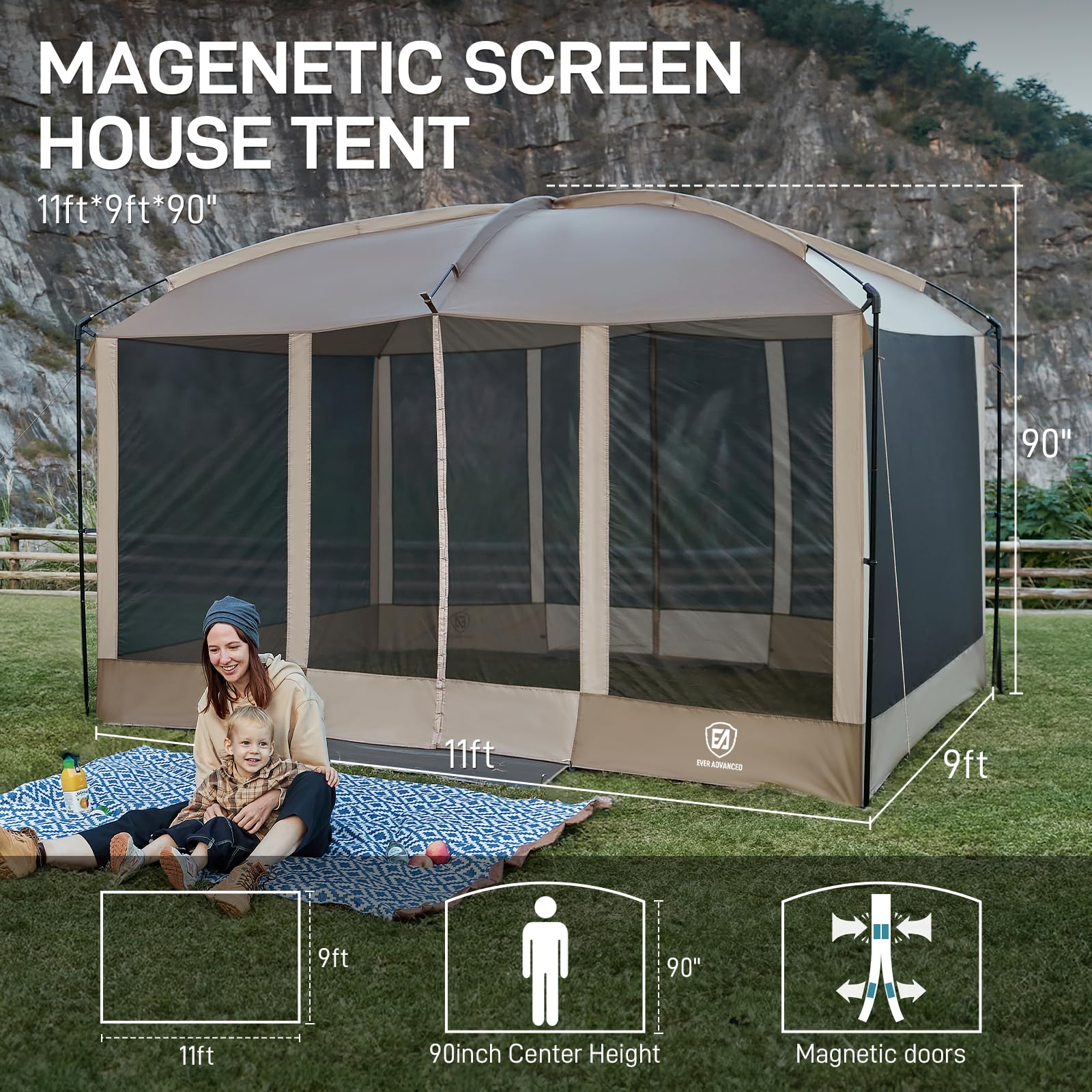 Ever Advanced Magnetic Screen House Room 11X9Ft, Hands-Free Entry,Screenhouse With Sun Protection For Camping&Picnic, 11X9Ftcamp