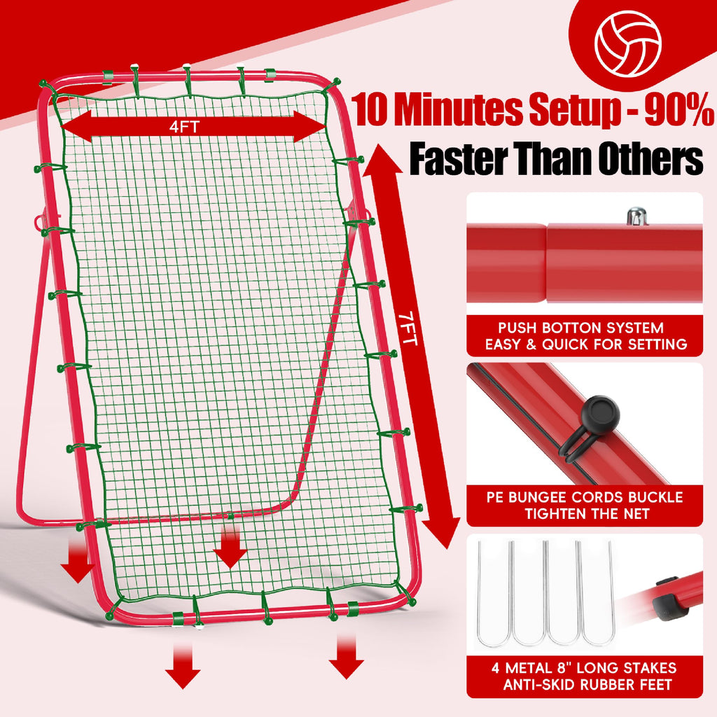 7x4 Ft Volleyball Rebounder Net, 5-Angle Adjustable Rebounder Net with 2 Target Stripes & Portable Travel Bag, 10-MIN Setup Boun