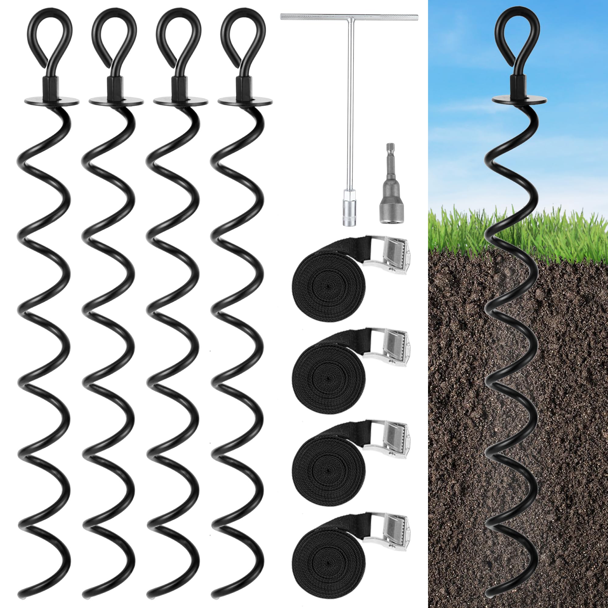 XYADX 22.4 Inch Ground Anchor Screw in,4 Pack Trampoline Stakes Anchor Kit,Heavy Duty Spiral Windproof Tie Down Kit with T-Hook&