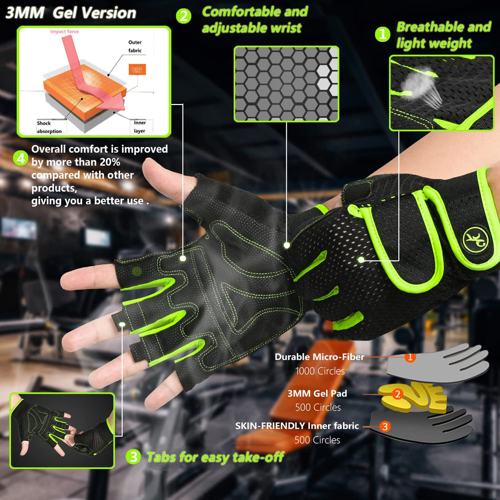 Moreok Workout Gloves Padded Weight Lifting Gloves For Men/Women, [3Mm Gel] Fingerless Grip Gym Gloves Fitness Gloves Green-M