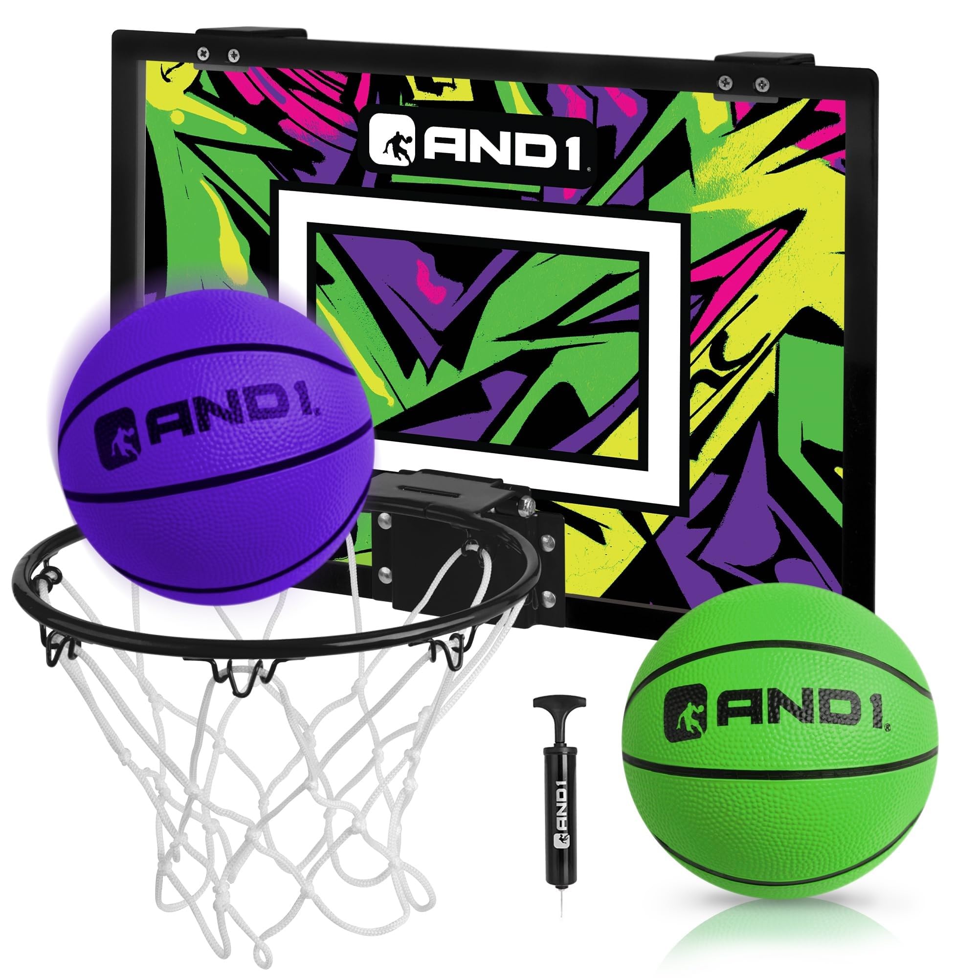 AND1 Over The Door Mini Basketball Hoop: 18x12 Shatterproof Backboard, 2 Mini Basketballs, and Hand Pump Included- Ultimate Indo