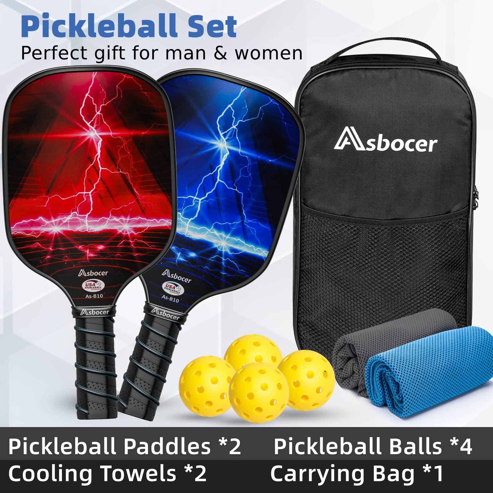 Asbocer Pickleball Paddles, Usapa Approved Pickleball Paddles Set Of 2, Fiberglass Surface Pickleball Set, 4 Pickleball Balls, 2