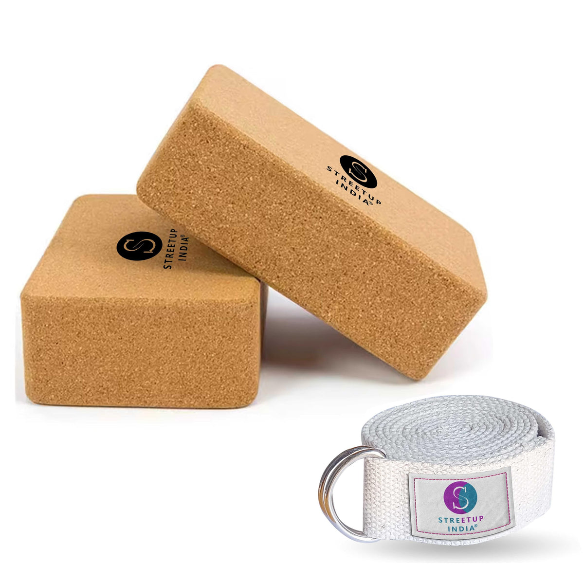 Streetup India Cork Yoga Brick With High Density Cork| NonSlip Workout Block| Set of 2 (Set of 2 Brick With Belt)