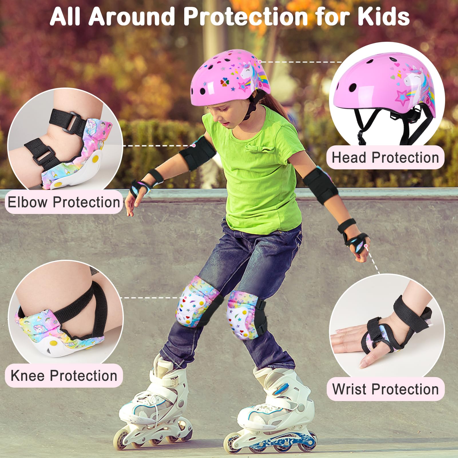 FIODAY Kids Bike Helmet, Toddler Helmet Knee and Elbow Pads Wrist Guards Adjustable Protective Gear Set with DIY Sticker for Gir
