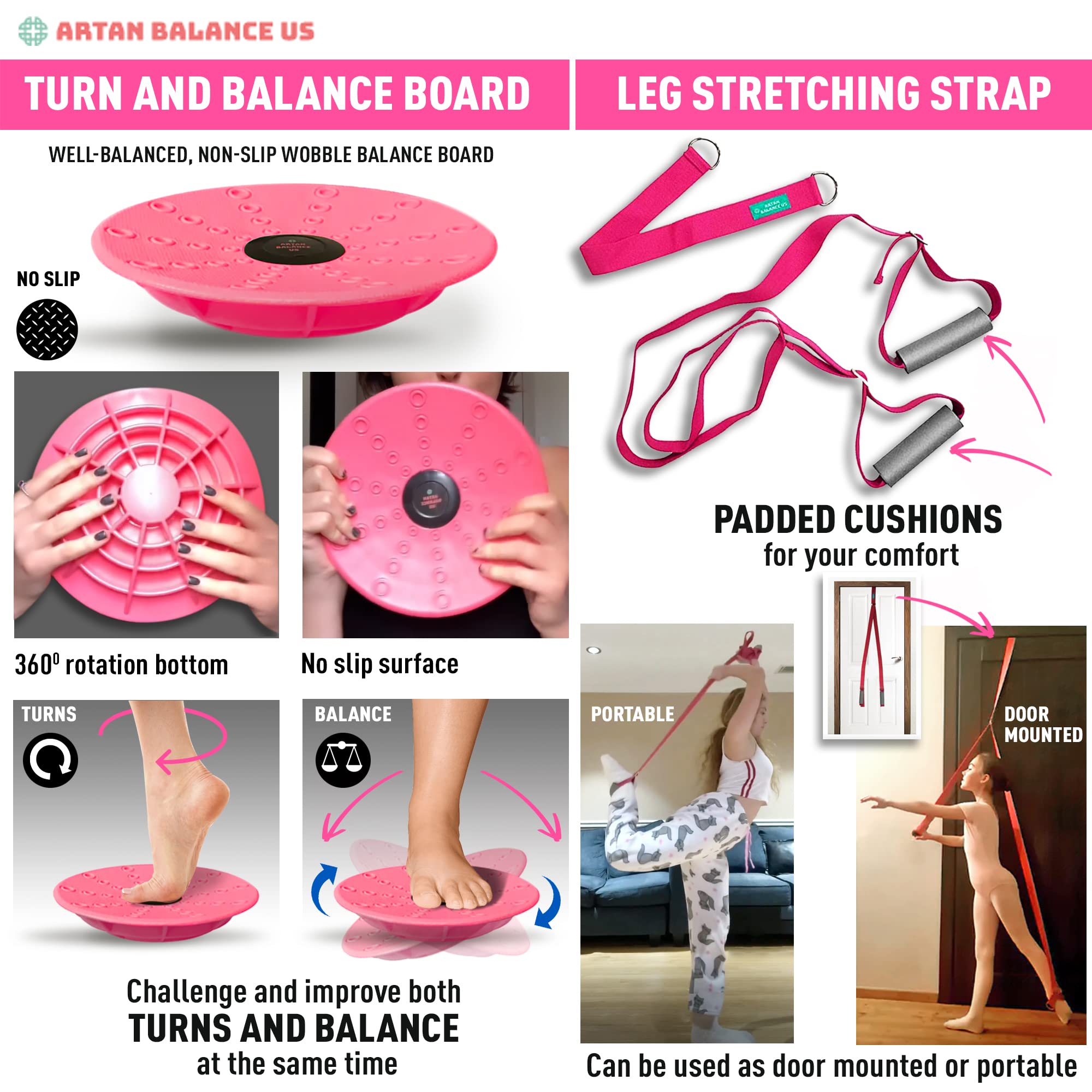 Leg Stretching Strap And Ballet Balance Board, 2 Pc. Set, Stretching, Disc Core Trainer And Flexibility Equipment For Dance, Gym
