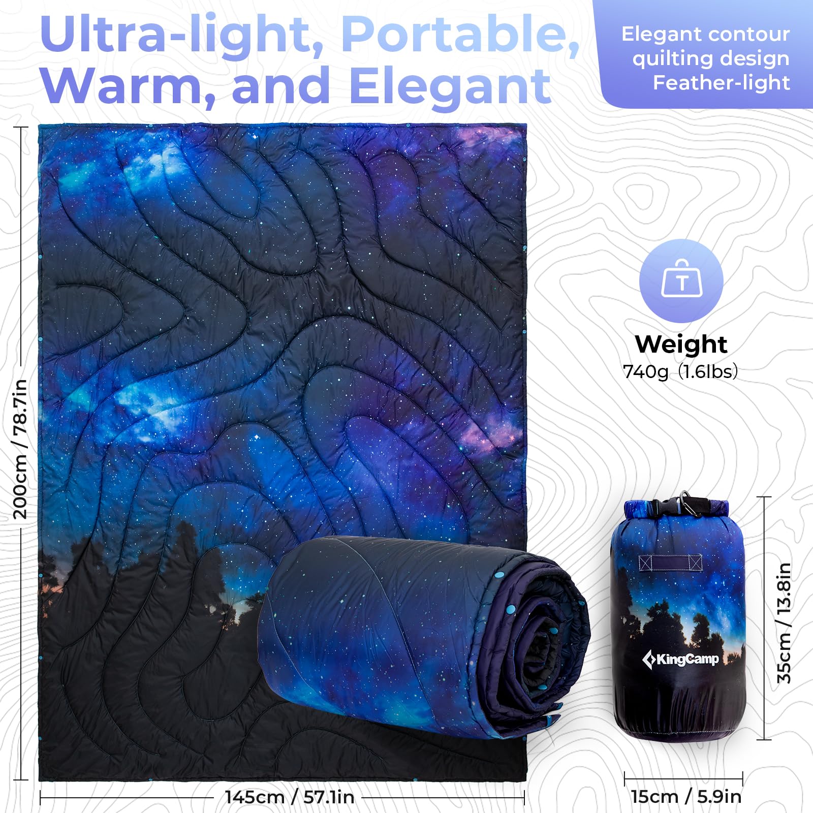 Kingcamp Ultralight Camping Blanket, Packable Down Alternative Puffy Printed Wearable Blanket With Snap Buttons & Corner Loops W