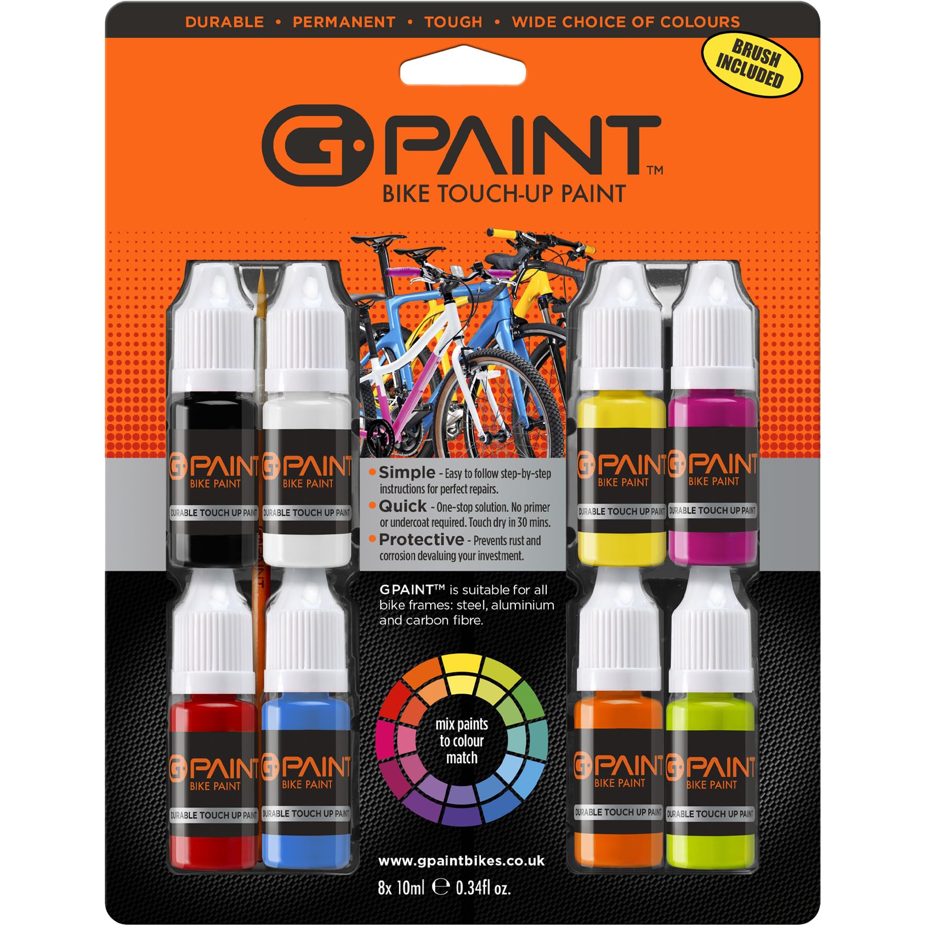 G-Paint Bike Paint - Touch-Up Paint Kit For Scratched or Chipped Frames - 8 Pack of 10ml Bottles - Black, White, Red, Cyan, Yell