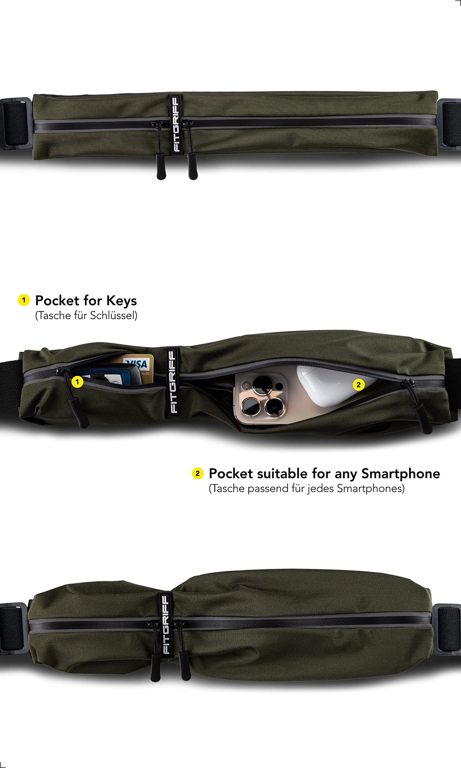 Fitgriff Running Belt For Men & Women - Secure Jogging Pouch For Phone, Keys & Essentials - For All Cell Phones (Army Green, 33.