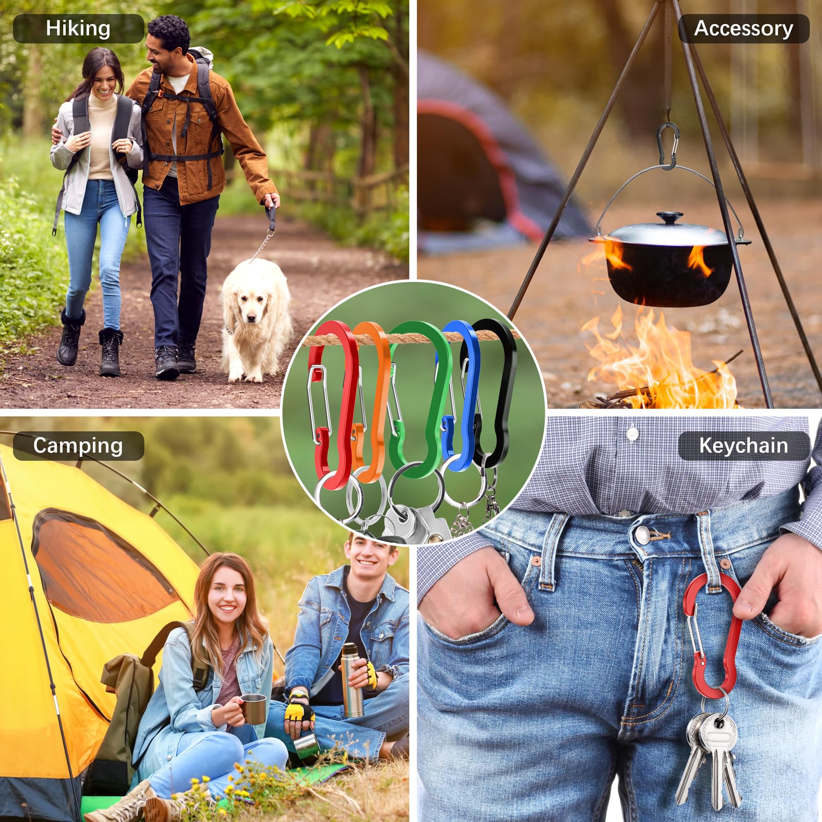 Sprookber 3.2 Inch Aluminum Carabiner Clips D Ring, Caribeaner Spring Snap Hook With Keychain For Camping, Hiking, Gym & Outdoor