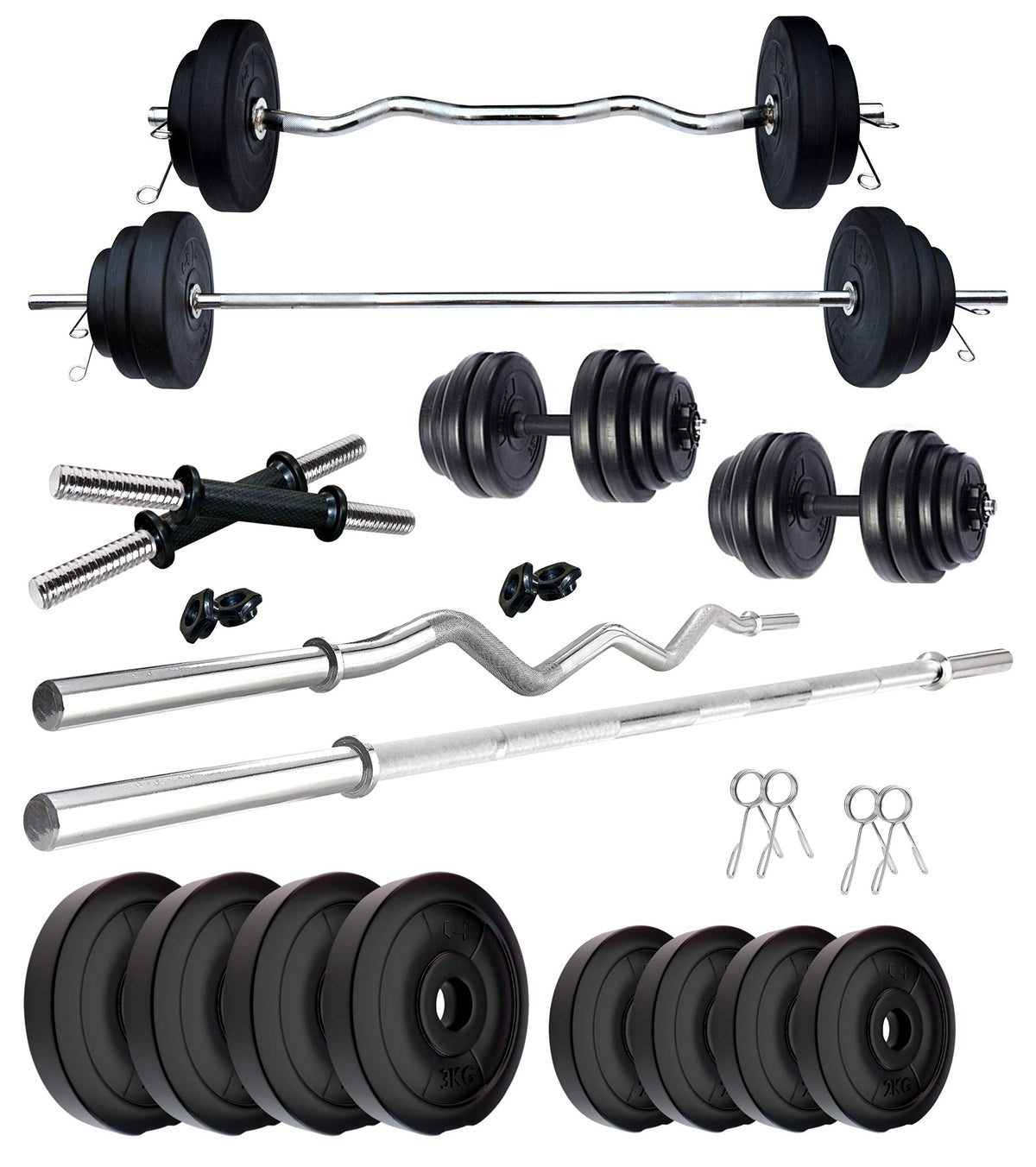 Kore Pvc 20 Kg Home Gym Set With One 5 Ft Plain + One 3 Ft Curl Rod And One Pair Dumbbell Rods, Multicolour