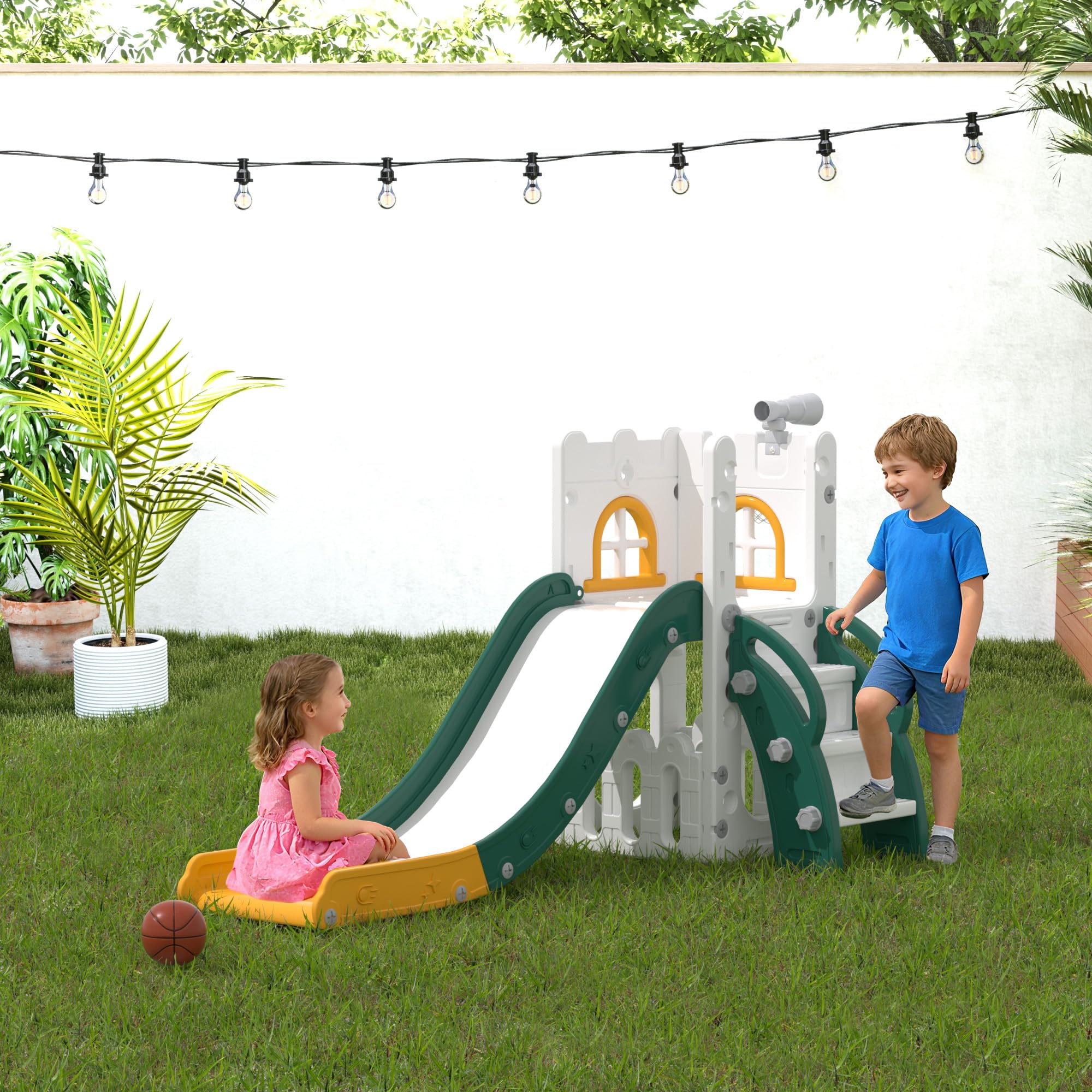 LulliSpace 6 in 1 Toddler Slide,Kids Playset for Toddlers Indoor Outdoor, Baby Slide with Basketball Hoop, Telescope & Storage S
