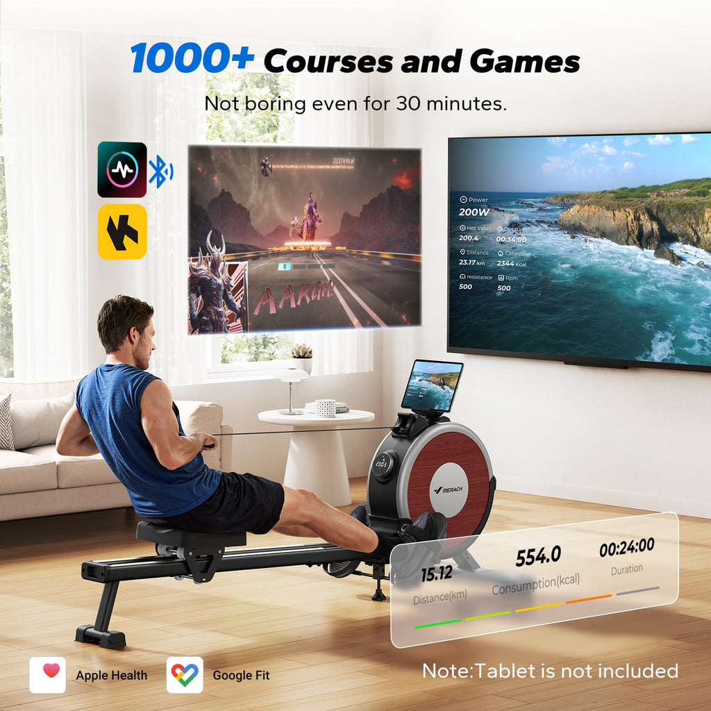 Rowing Machine, Merach Bluetooth Magnetic Rower Machine With Dual Slide Rail, 16 Levels Of Electromagnetic Resistance, Max 350Lb